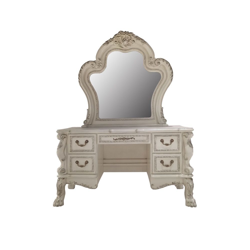 ACME Create an elegant, classy design in your bedroom with the Dresden gold patina and bone mirror. This mirror features a beautiful scrolled frame with beveled edges. Add this mirror to any other piece from this collection to create the perfect bedroom.