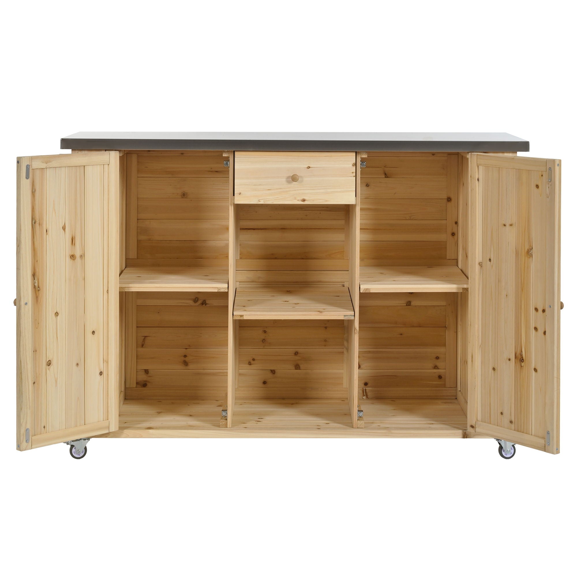 Outdoor Kitchen Island With Stainless Steel Top, Ample Storage Space, Towel And Spice Racks And A Bottle Opener