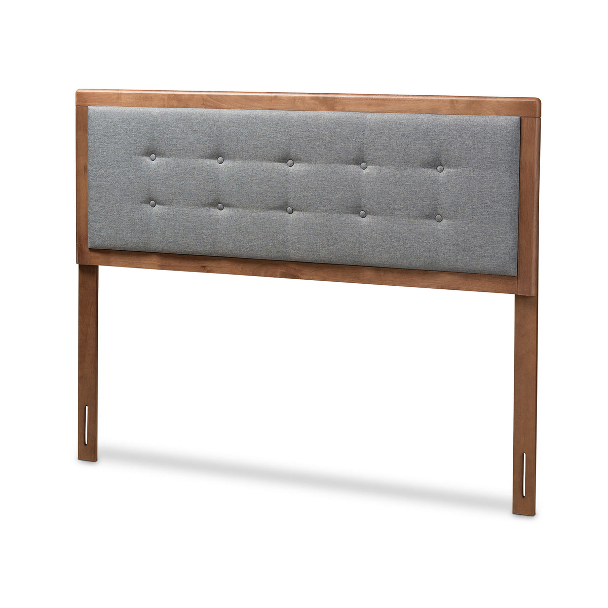 Sarine Mid-Century Modern Dark Grey Fabric Upholstered Walnut Brown Finished Wood King Size Headboard