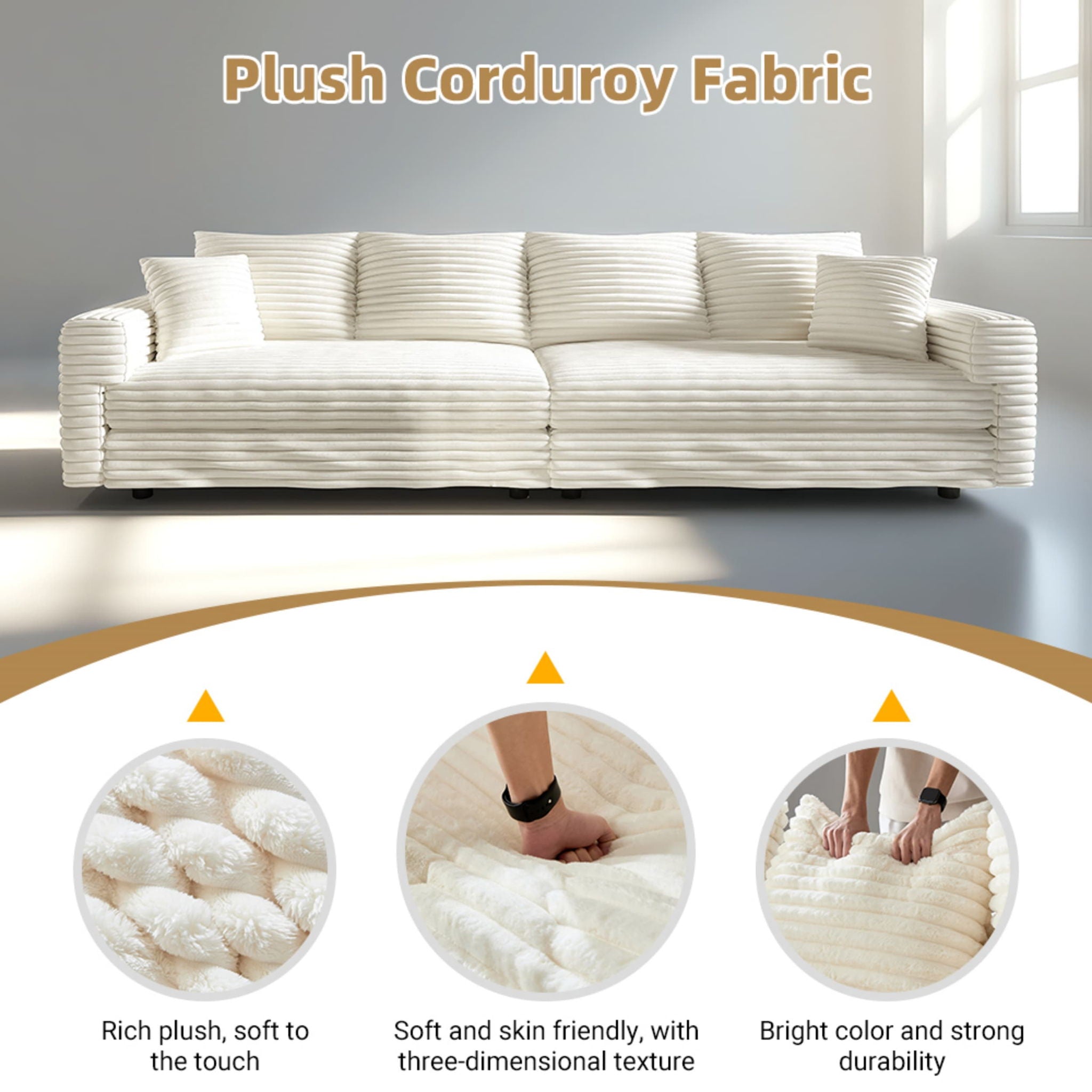 Plush Corduroy 4 Seat Sofa, Modern Comfy Upholstered Sofa Cloud Couch, Deep Seat Couches With Soft Pillows