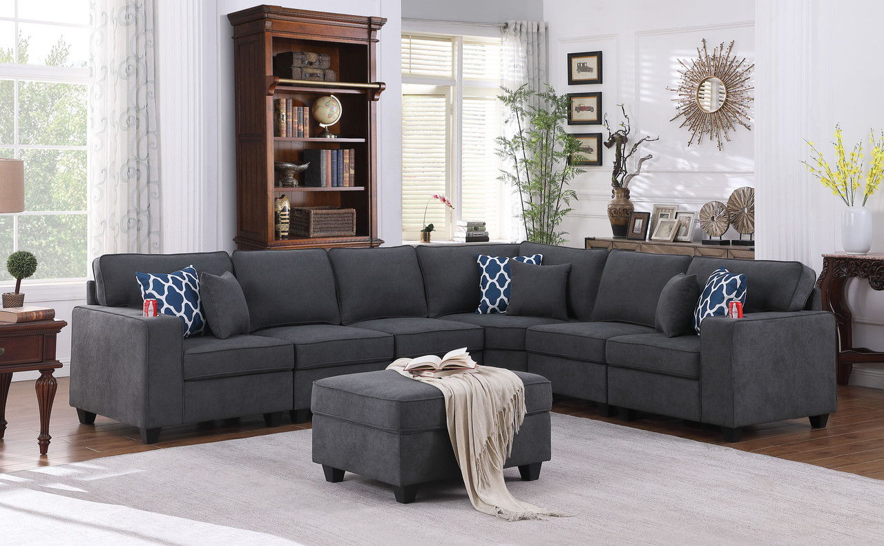 Cooper 125"W Stone Gray Woven Fabric 7Pc Reversible L-Shape Sectional Sofa with Ottoman and Cupholder