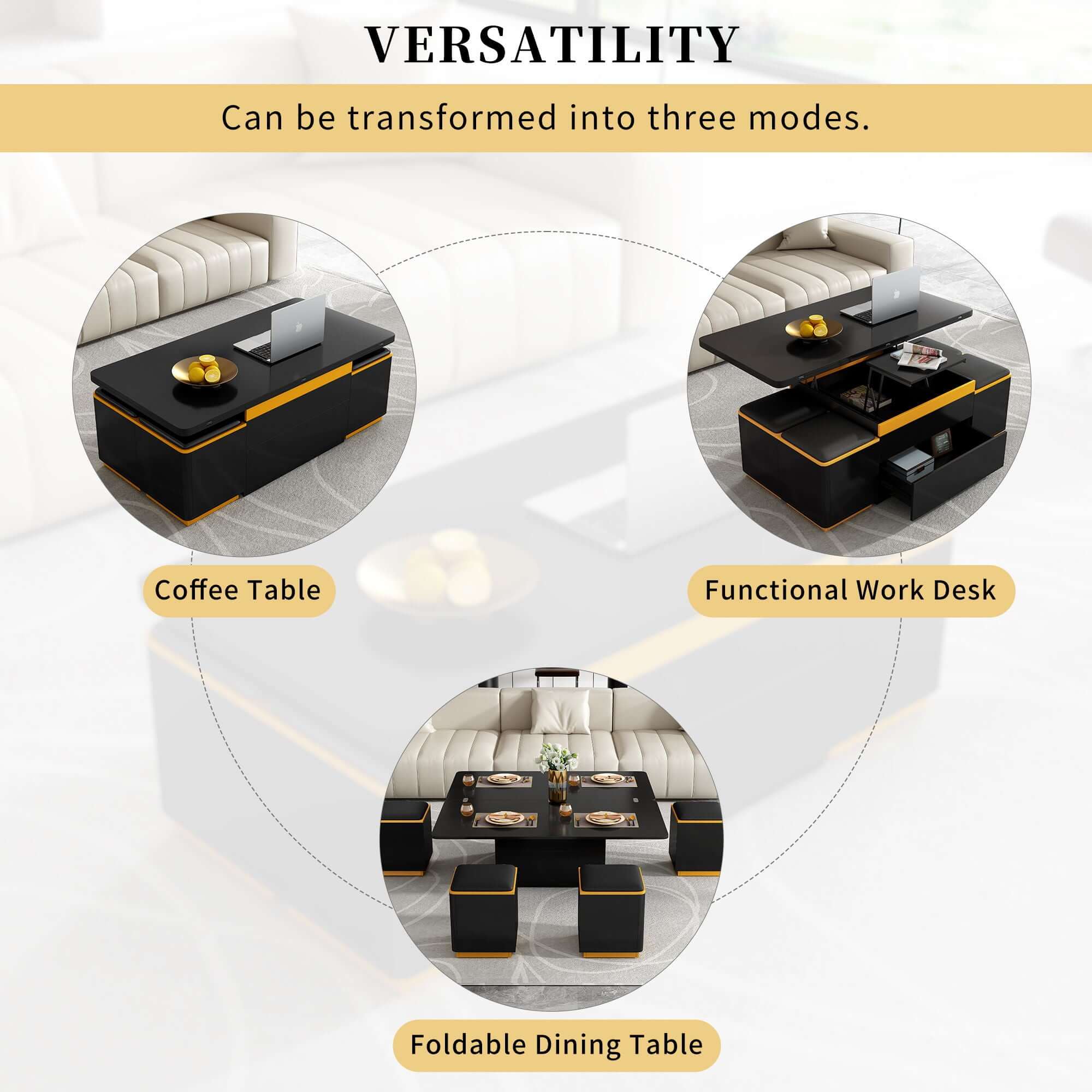 Lift Top Coffee Table With 4 Storage Stools