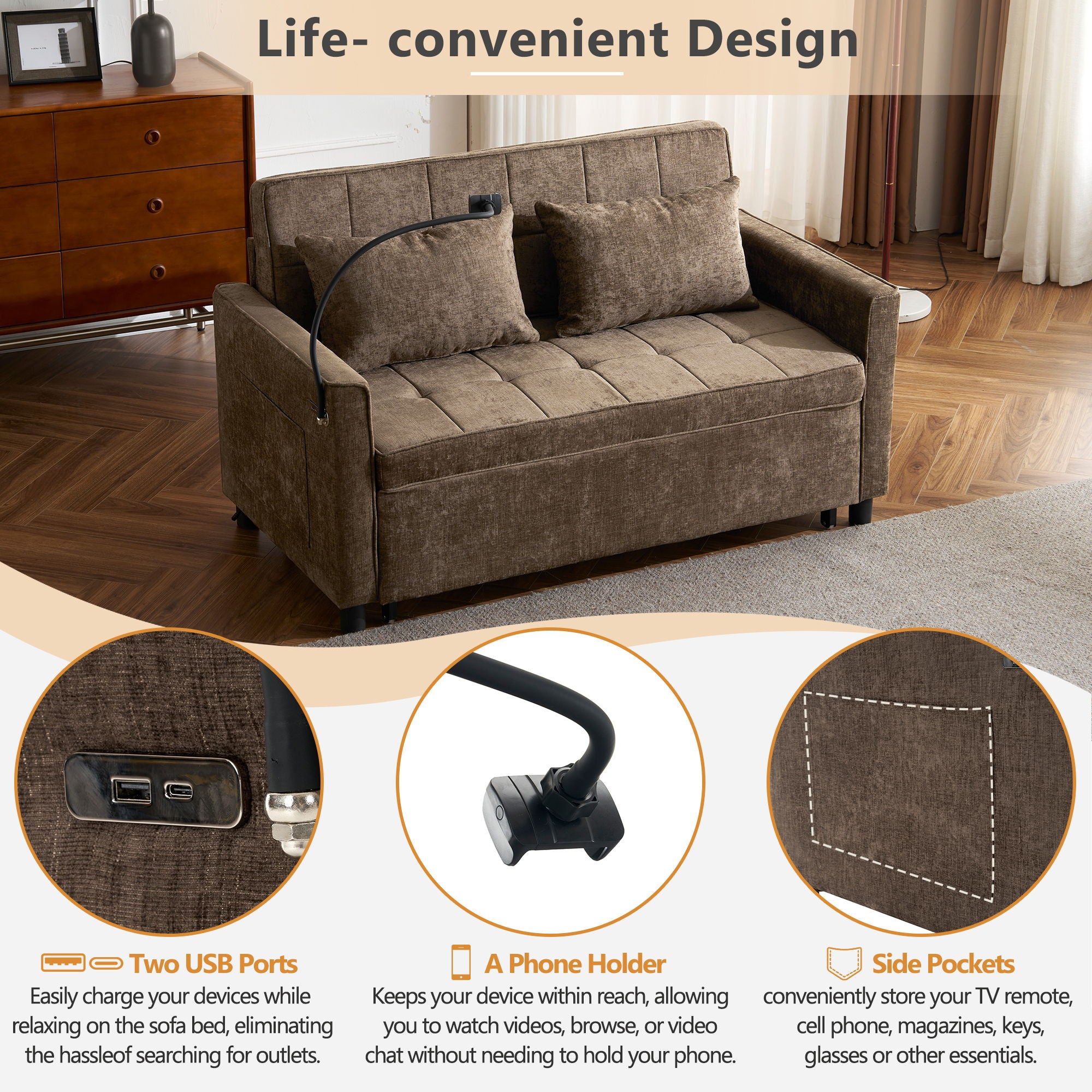 Pull-Out Sleeper Sofa With Reversible Backrest Cushion, Side Pockets, 2 USB Ports And A Phone Holder For Living Room