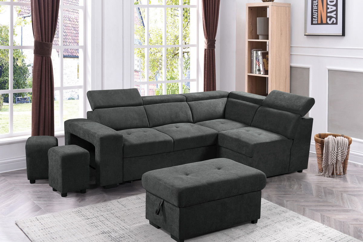 Henrik 97"W Dark Gray Sleeper Sectional Sofa with Storage Ottoman and 2 Stools