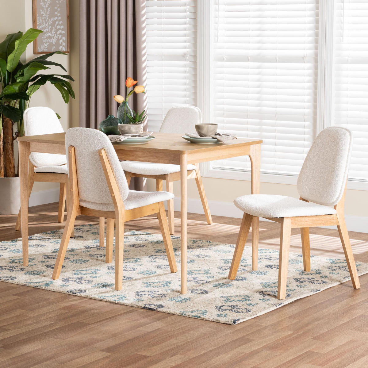 Hudson 5-Piece Dining Set - Solid Wood Rectangular Table with Boucle Upholstered Chairs, Mid-Century Modern Dining Furniture for Kitchen or Dining Room, Natural and White