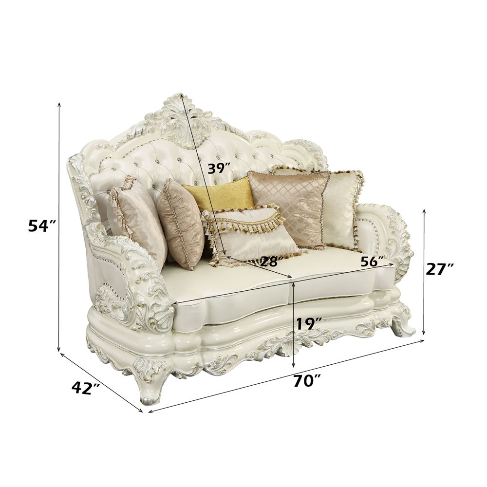 Adara - Loveseat With 5 Pillows - Pearl White Synthetic Leather & Antique White