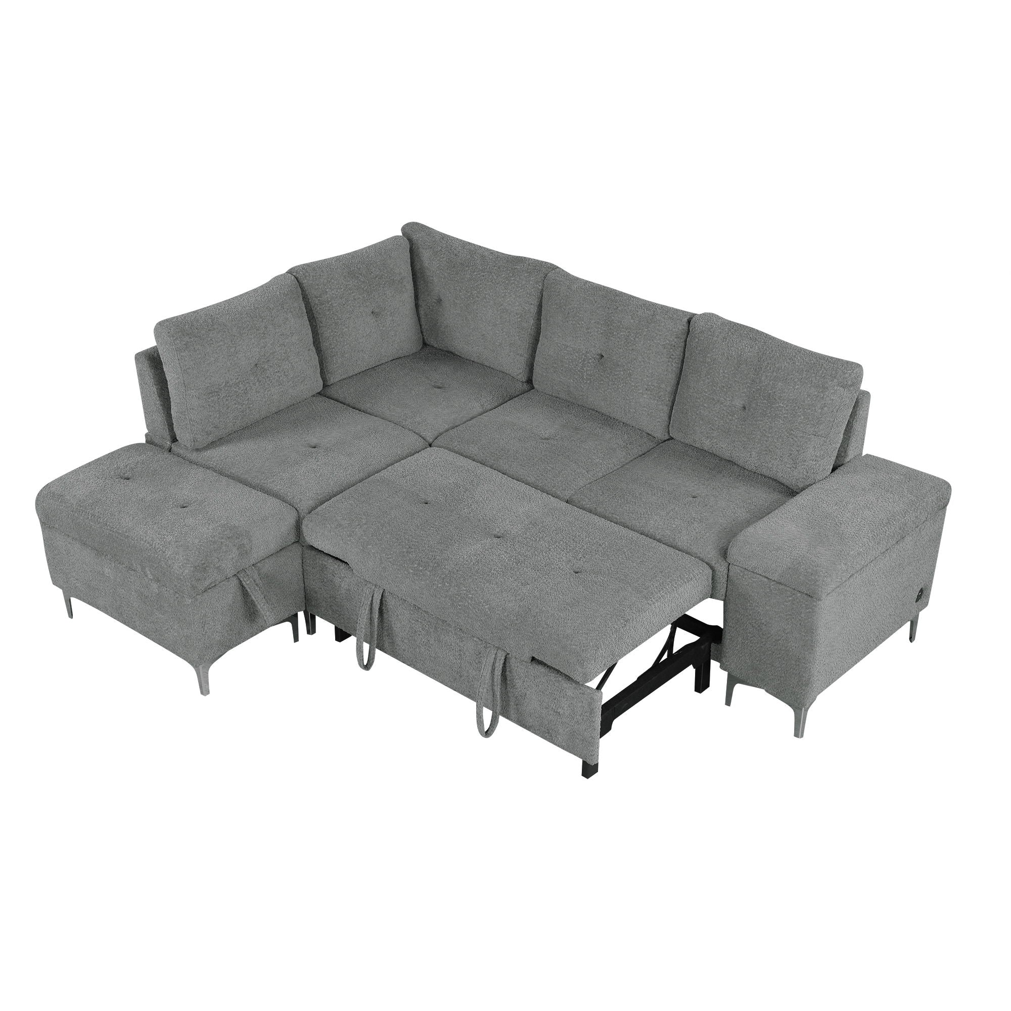 Versatile L Shaped Sofa Bed With Storage, Cup Holders, USB Ports Chenille