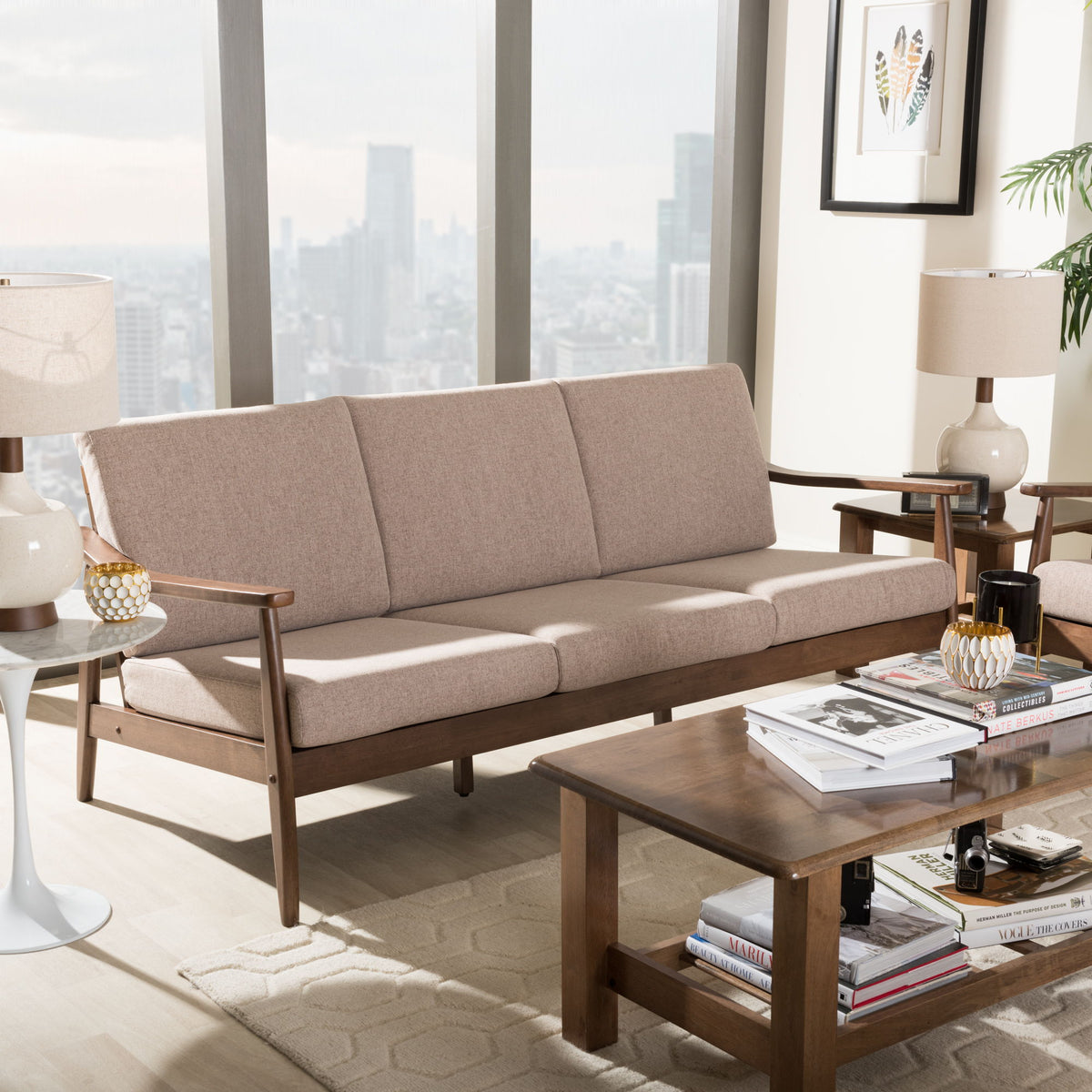 Venza Mid-Century Modern Walnut Wood Light Brown Fabric Upholstered 3-Seater Sofa