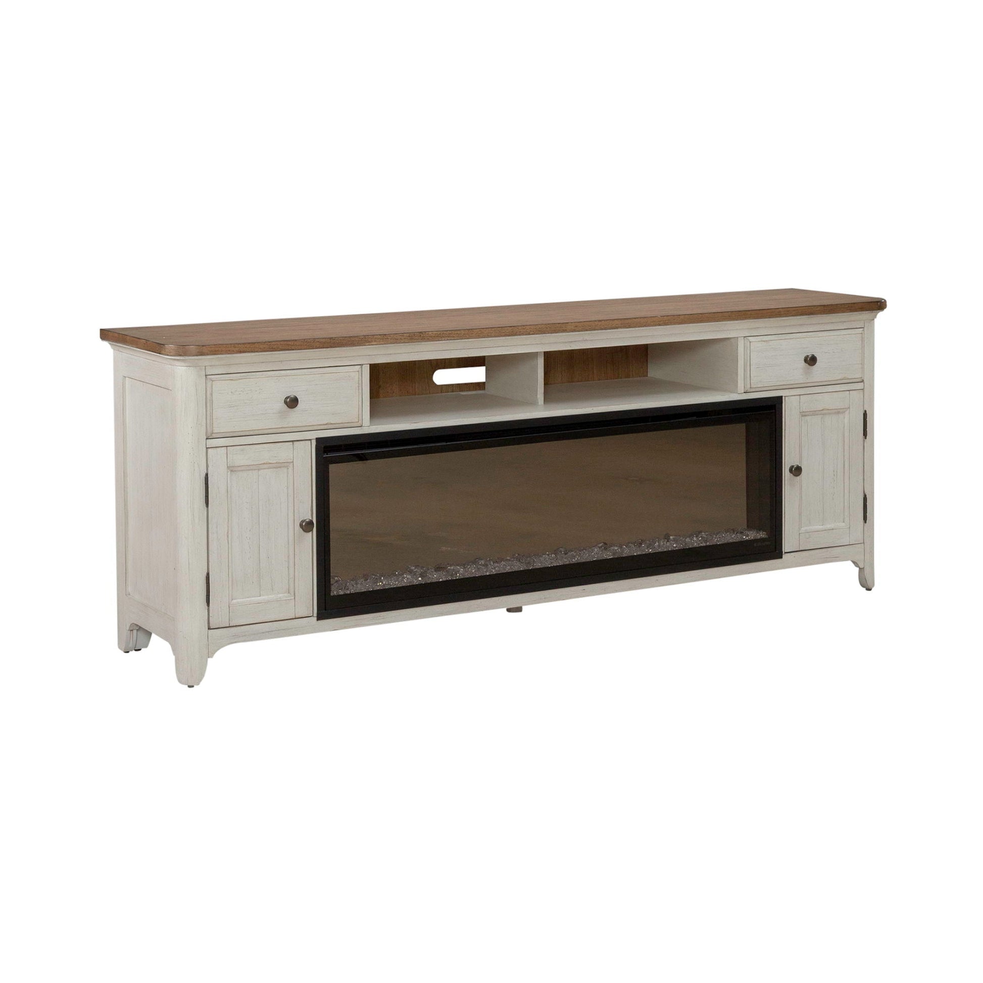 Liberty Furniture 79" Console With Fire - Medium Brown | Meri Furniture