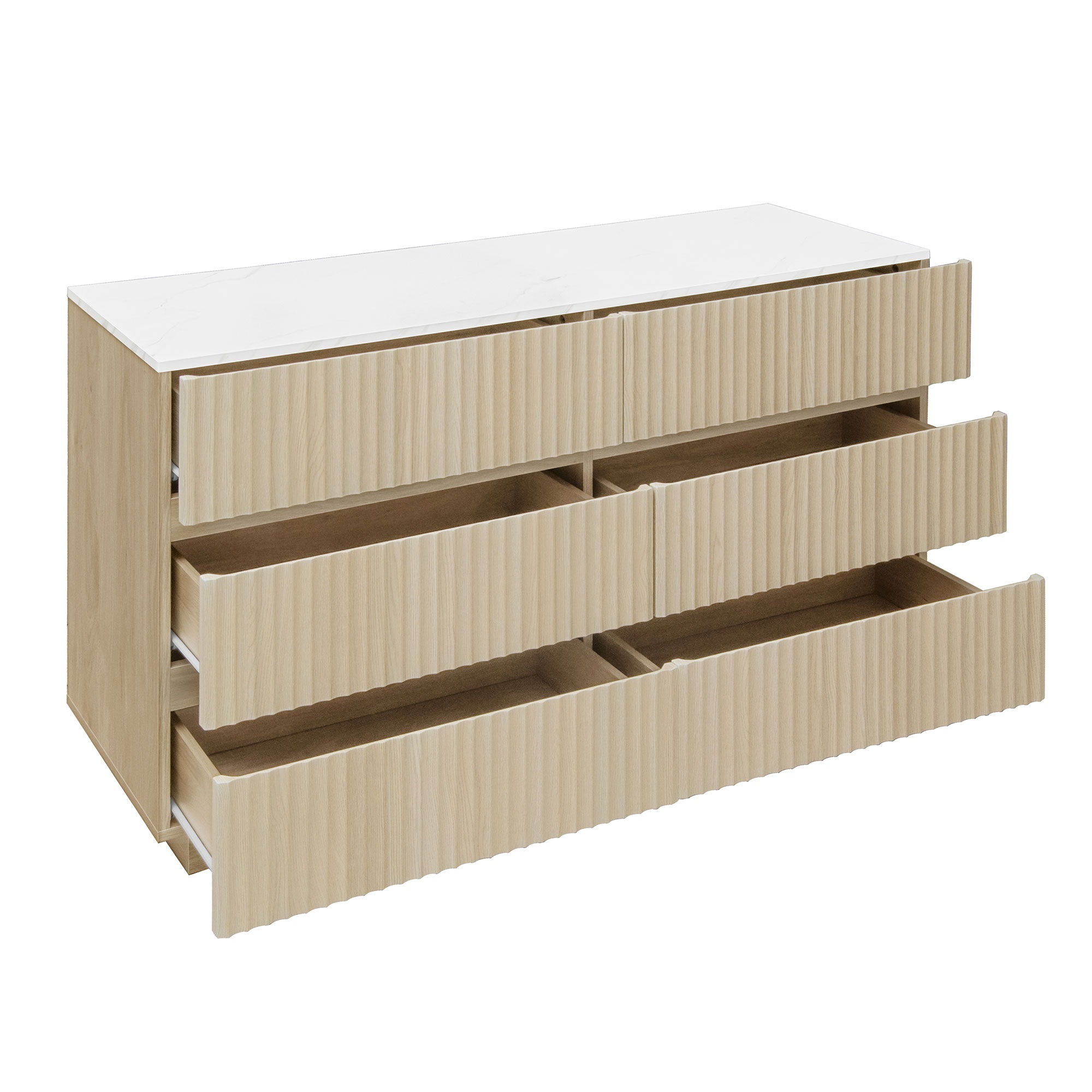 Fluted 6 Drawers Dresser, Double Dresser Chest Of Drawers, Modern Chest Of Drawers With LED, Drawer Organizer For Bedroom, Living Room, Hallway - Natural