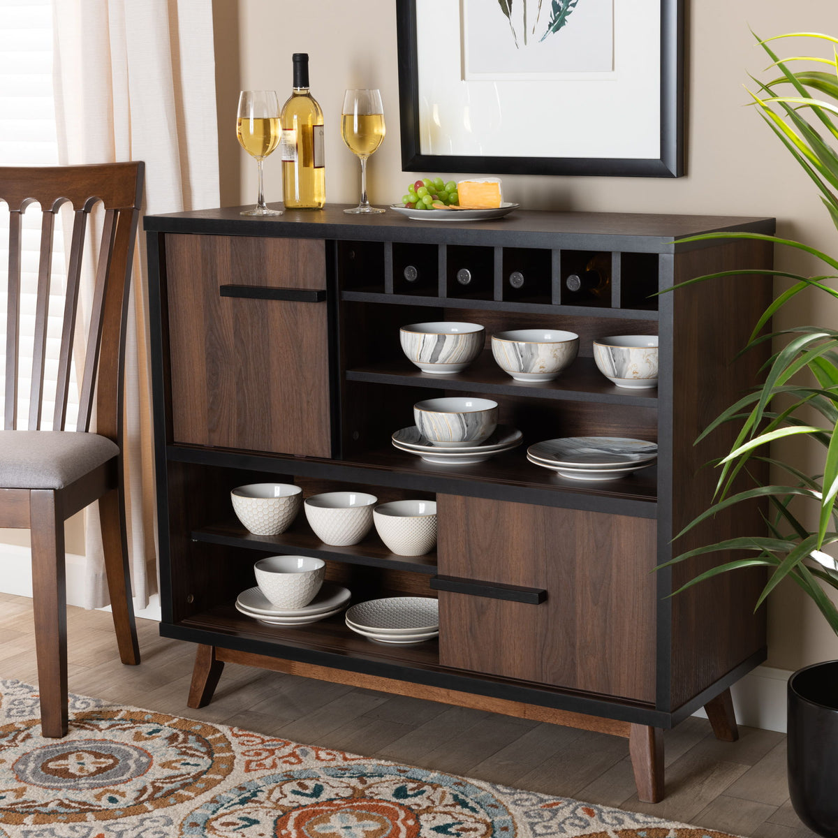 Margo Mid-Century Modern Two-Tone Walnut Brown and Black Finished Wood Wine Storage Cabinet