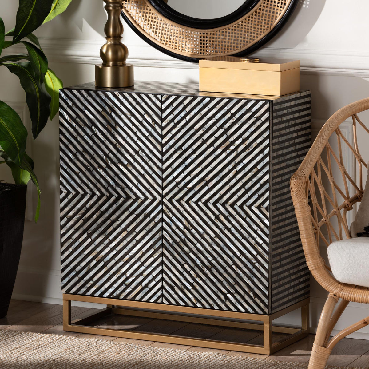 Belenus Modern Bohemian Two-Tone Black and Grey Mother of Pearl and Gold Metal Storage Cabinet