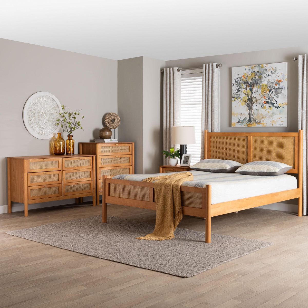 Jenn Golden Brown Wood Japandi 4-Piece Queen Size Bedroom Set with Distressed-Finished Rattan