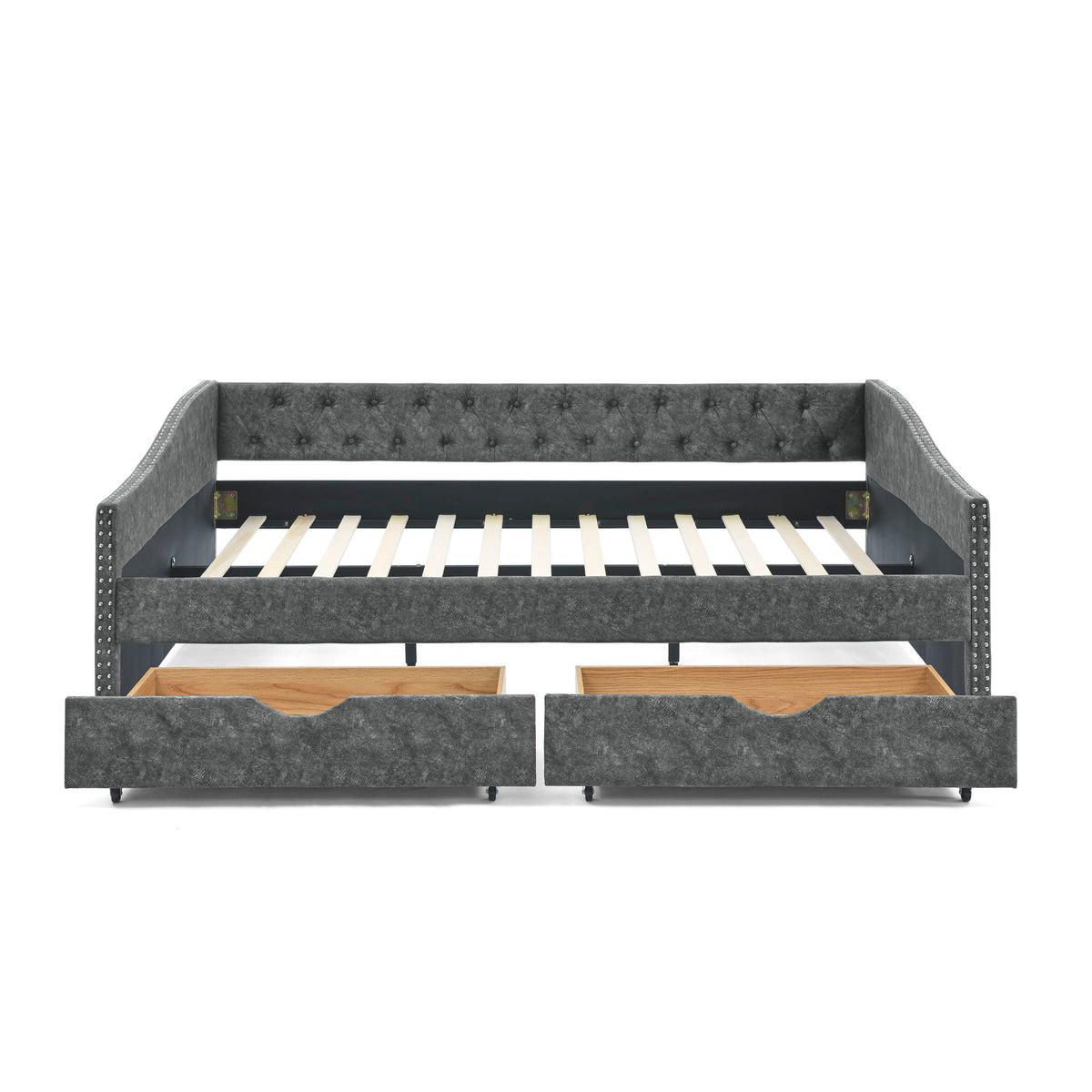 Queen Size Upholstered Daybed With Tufted Back And Nail Trimmed Waved Arms - Gray