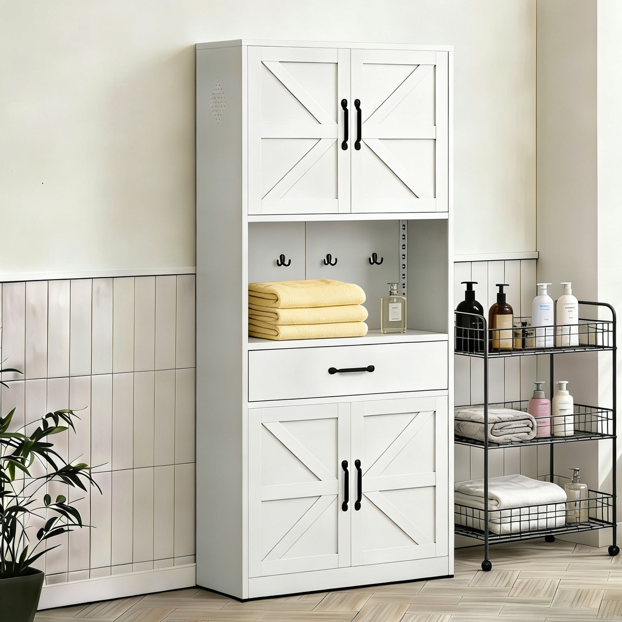 Kitchen Pantry Cabinet With Adjustable Shelves, Drawers, Hooks And Large Countertop - White