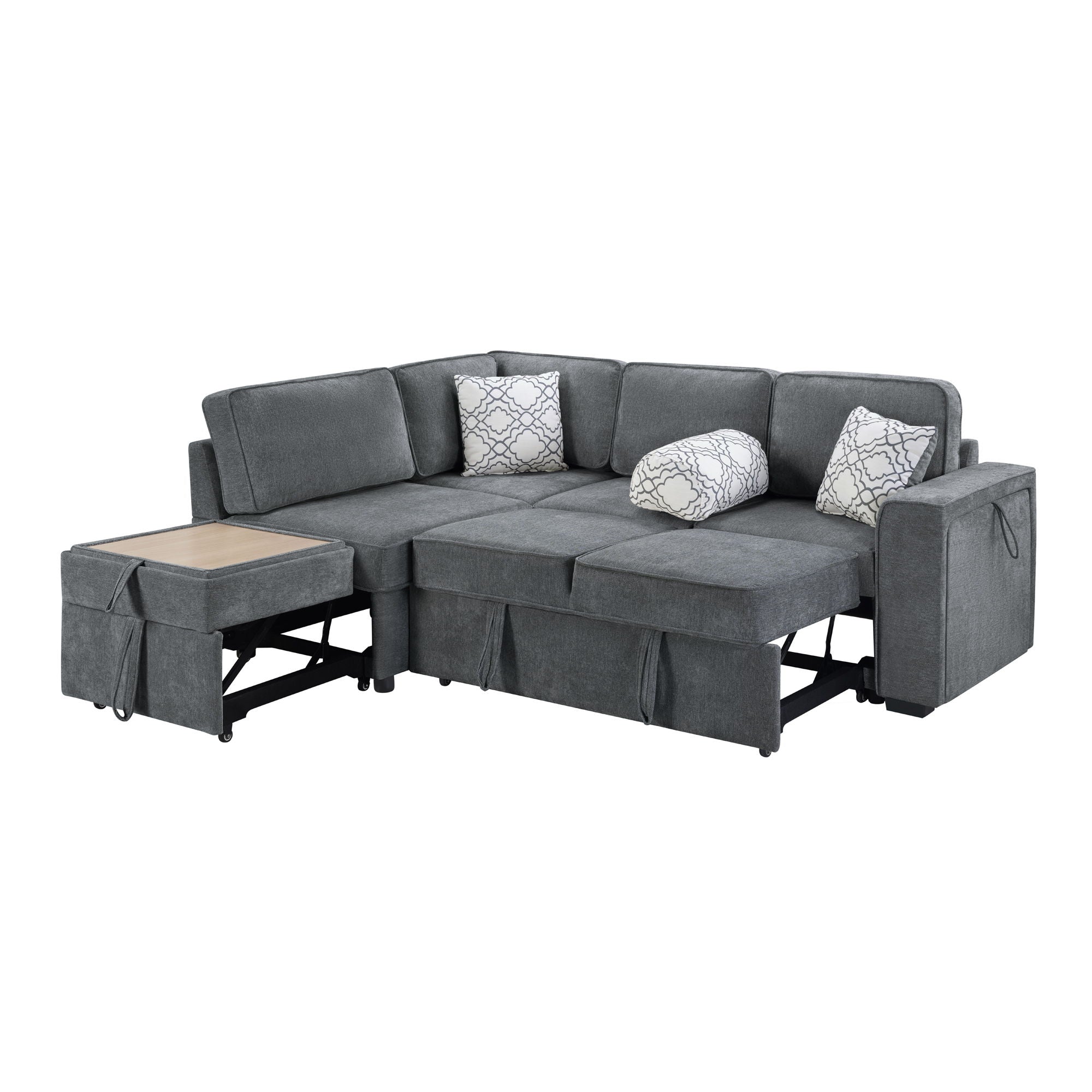 Convertible Sectional L-Shaped Sofa With Dual Pull-Out Sleepers, Flip-Top Table, USB Ports, Cup Holder & Storage