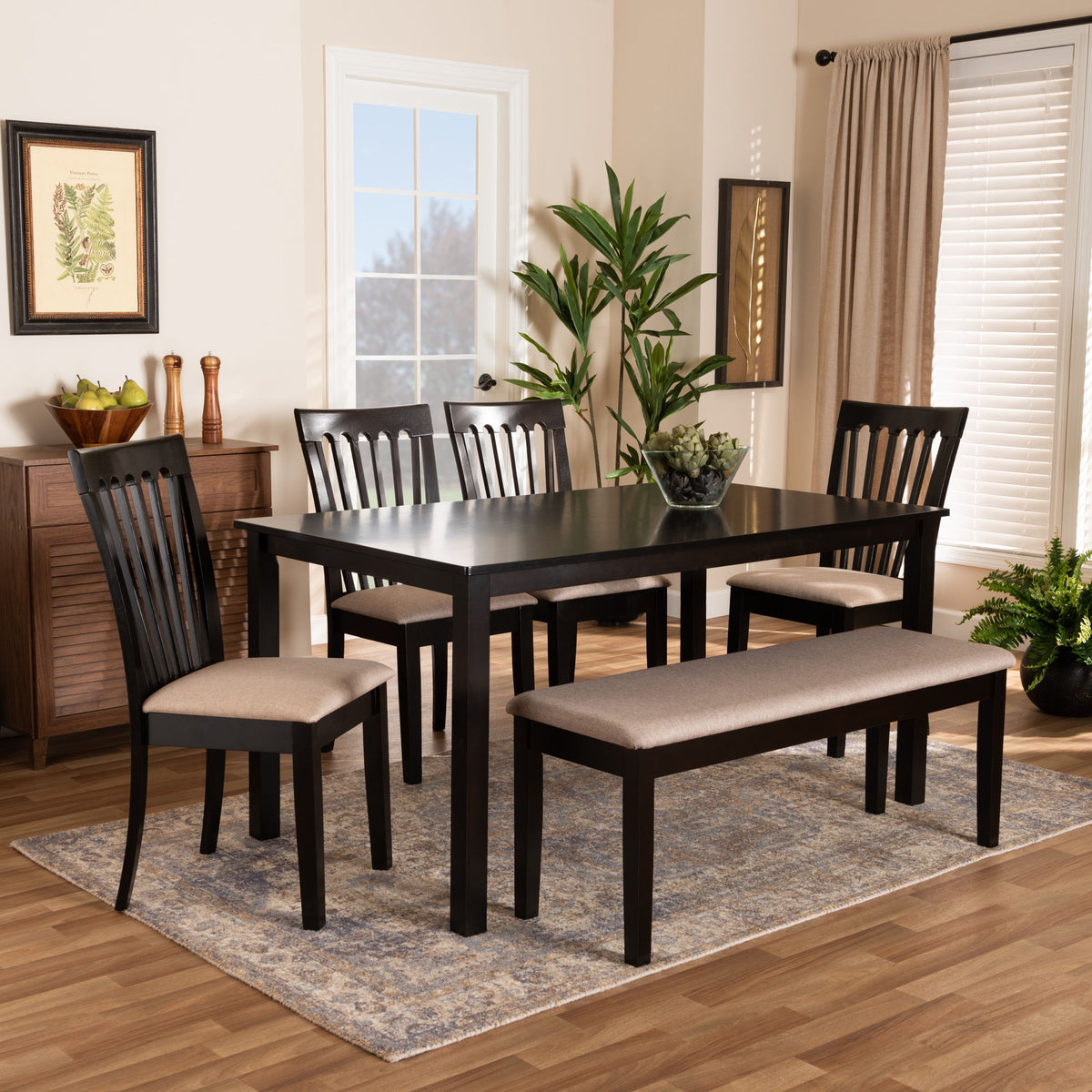 Minette Modern and contemporary Sand Fabric Upholstered and Dark Brown Finished Wood 6-Piece Dining Set
