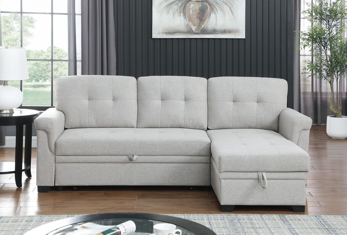 Lucca 84"W Light Gray Linen Reversible Sleeper Sectional Sofa with Storage Chaise