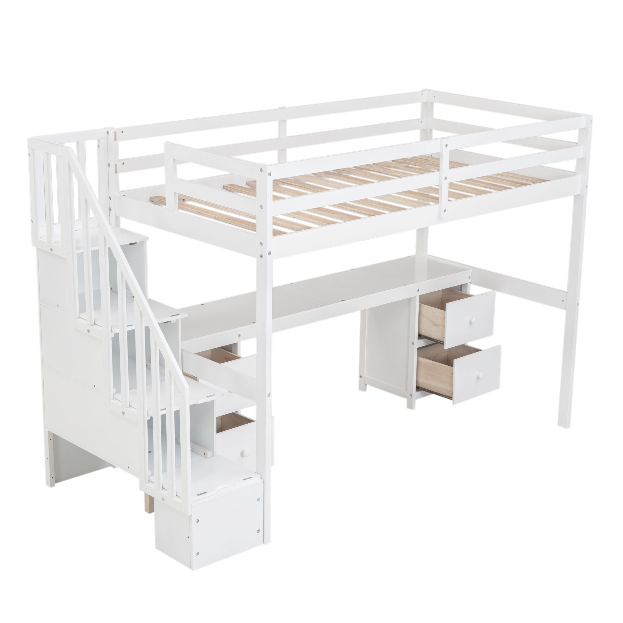 Loft Bed Frame With Built In Desk And Double Storage Drawers
