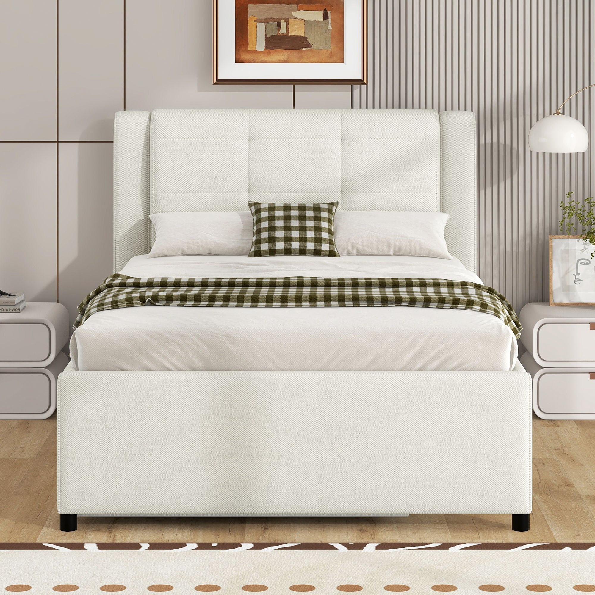 Full Size Upholstered Platform Bed With Adjustable Trundle - Beige