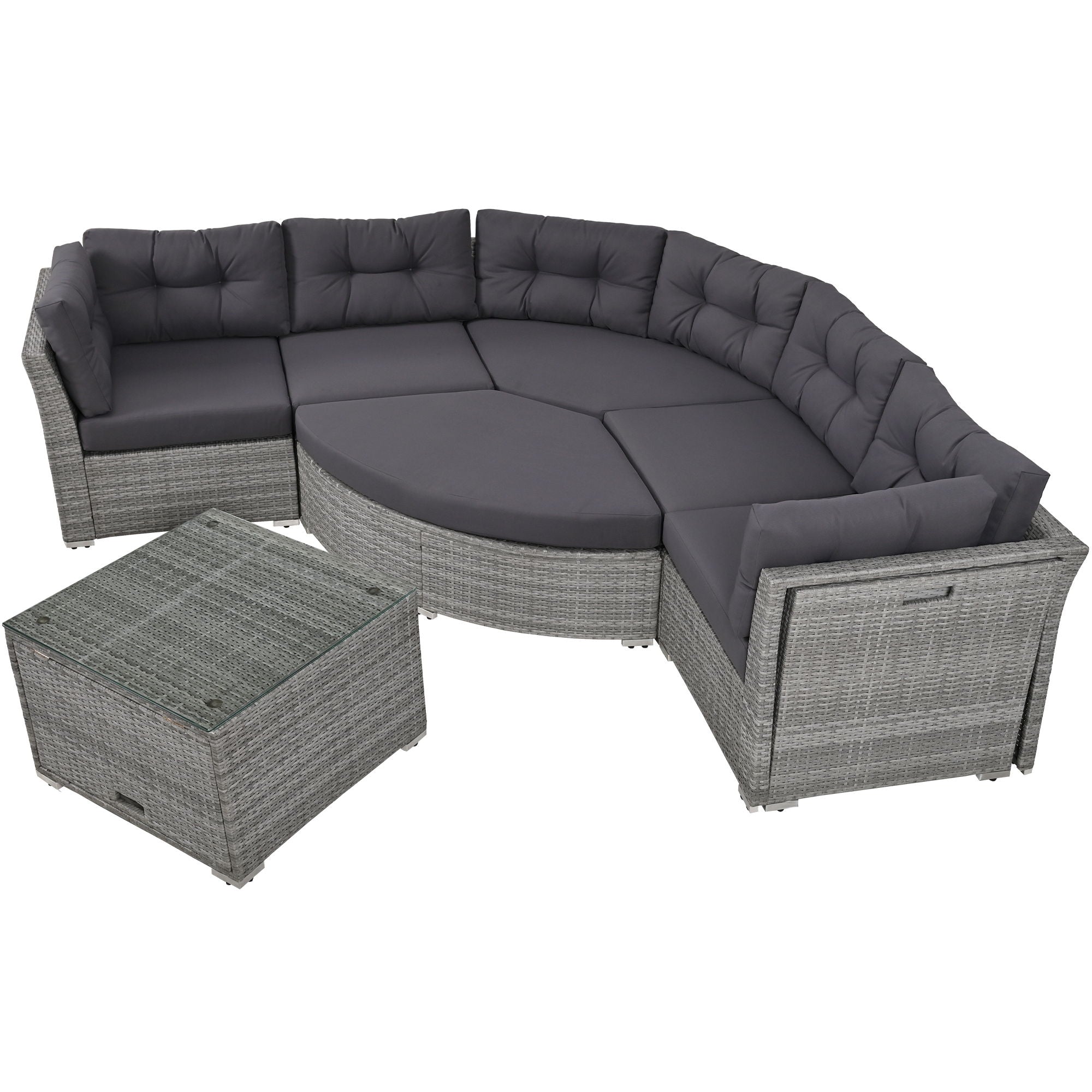 Elegant Patio Furniture Set Outdoor Daybed Rattan Sectional With Cushions And Center Table - Gray