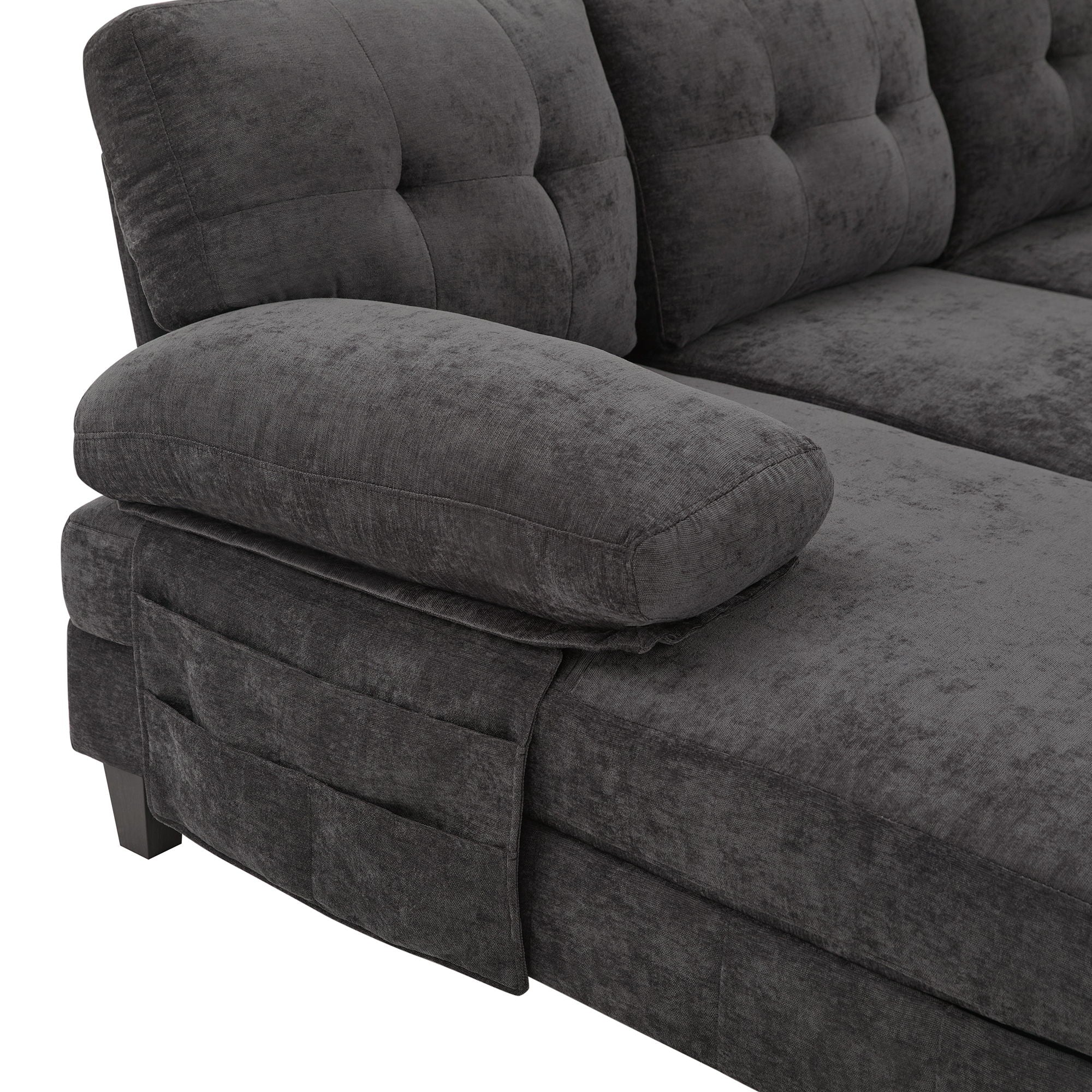 U-Shaped Sectional Sofa 103.5" Black Chenille Fabric Couch With Dual Chaise Lounges, Storage Pockets, Armrest Pillows