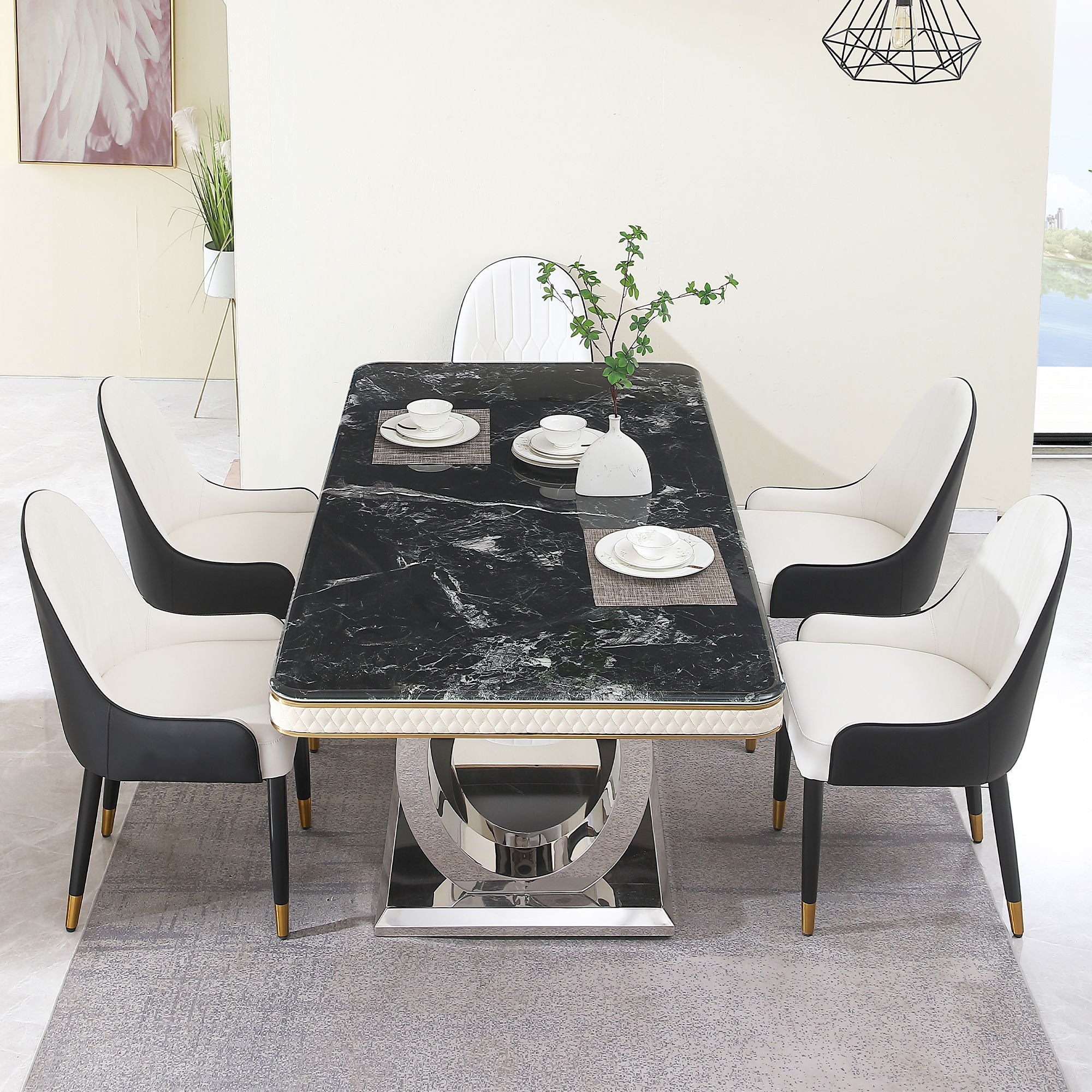 Luxury Modern Dining Table With 6 Chairs Marble Top Titanium Plated Base - Black