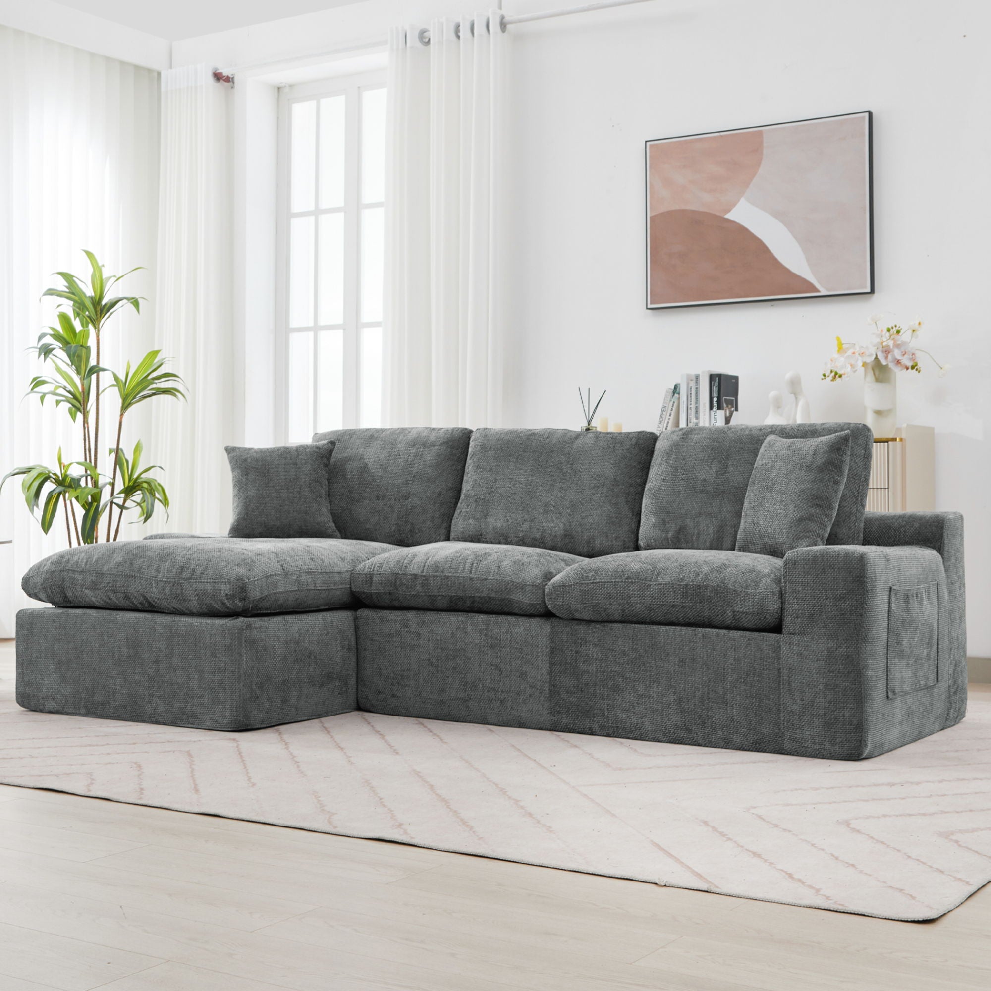 Cloud Sectional Sofa With Double Layer Cushion And Side Pockets, Free-Combined