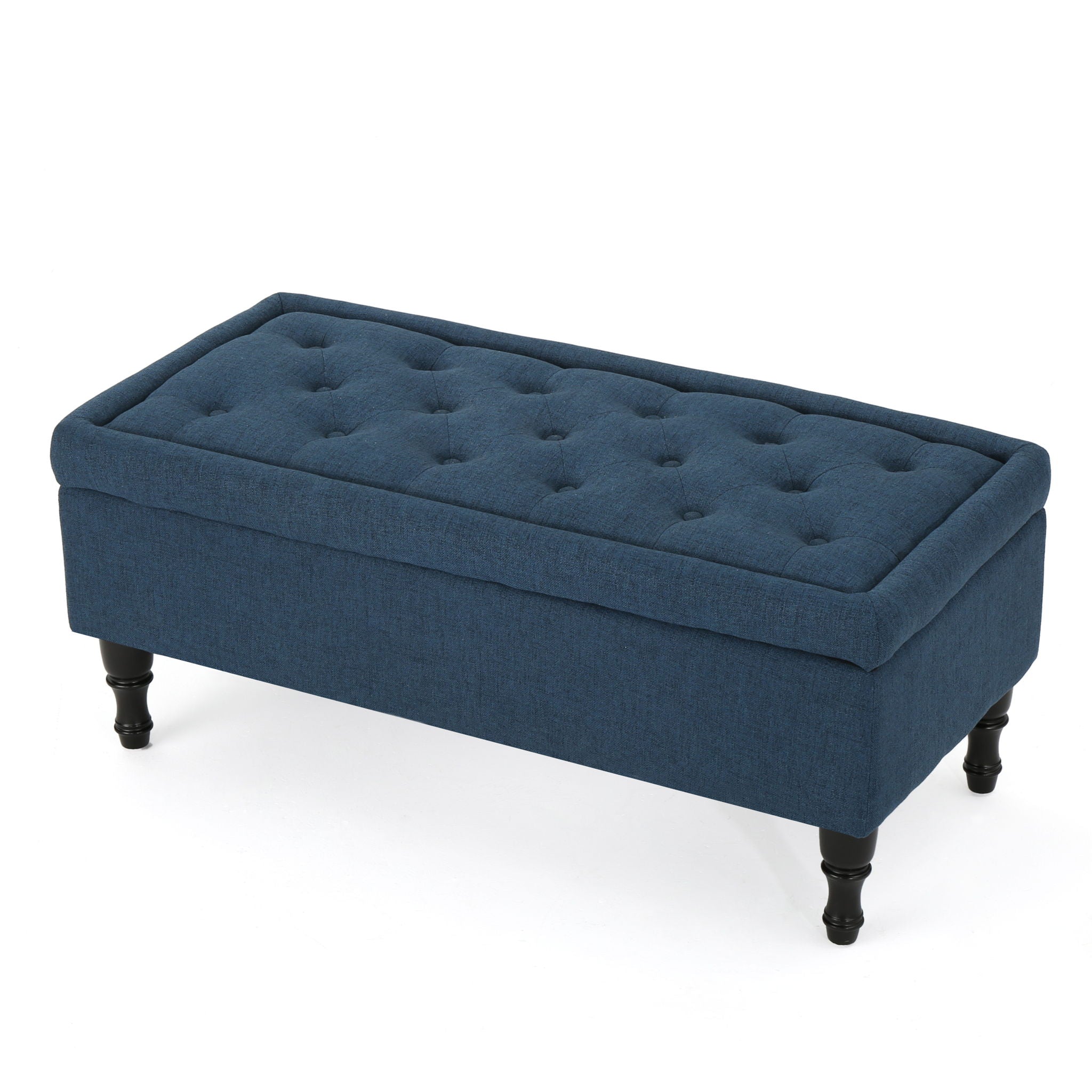 Hyatt - Suede Storage Ottoman With Tufted Top And Dark Wooden Legs - Navy Blue