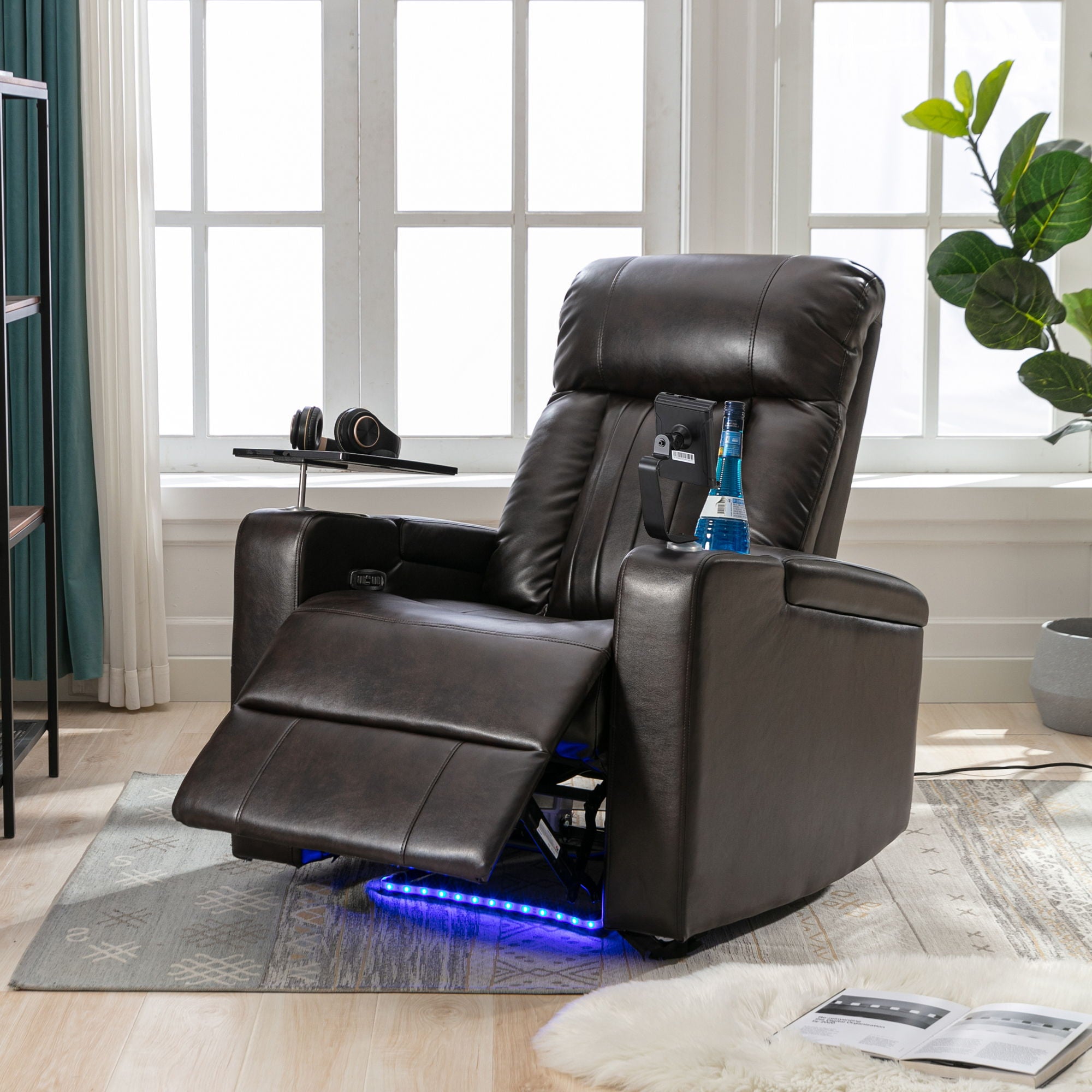 Power Recliner With Storage Arms, Cupholders, Swivel Tray Table And Cell Phone Stand - Brown
