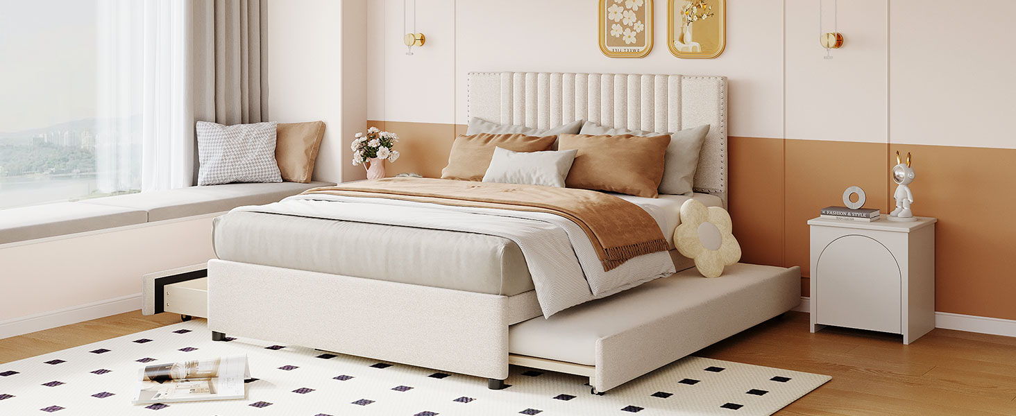 Upholstered Platform Bed With Drawers, Classic Headboard Design