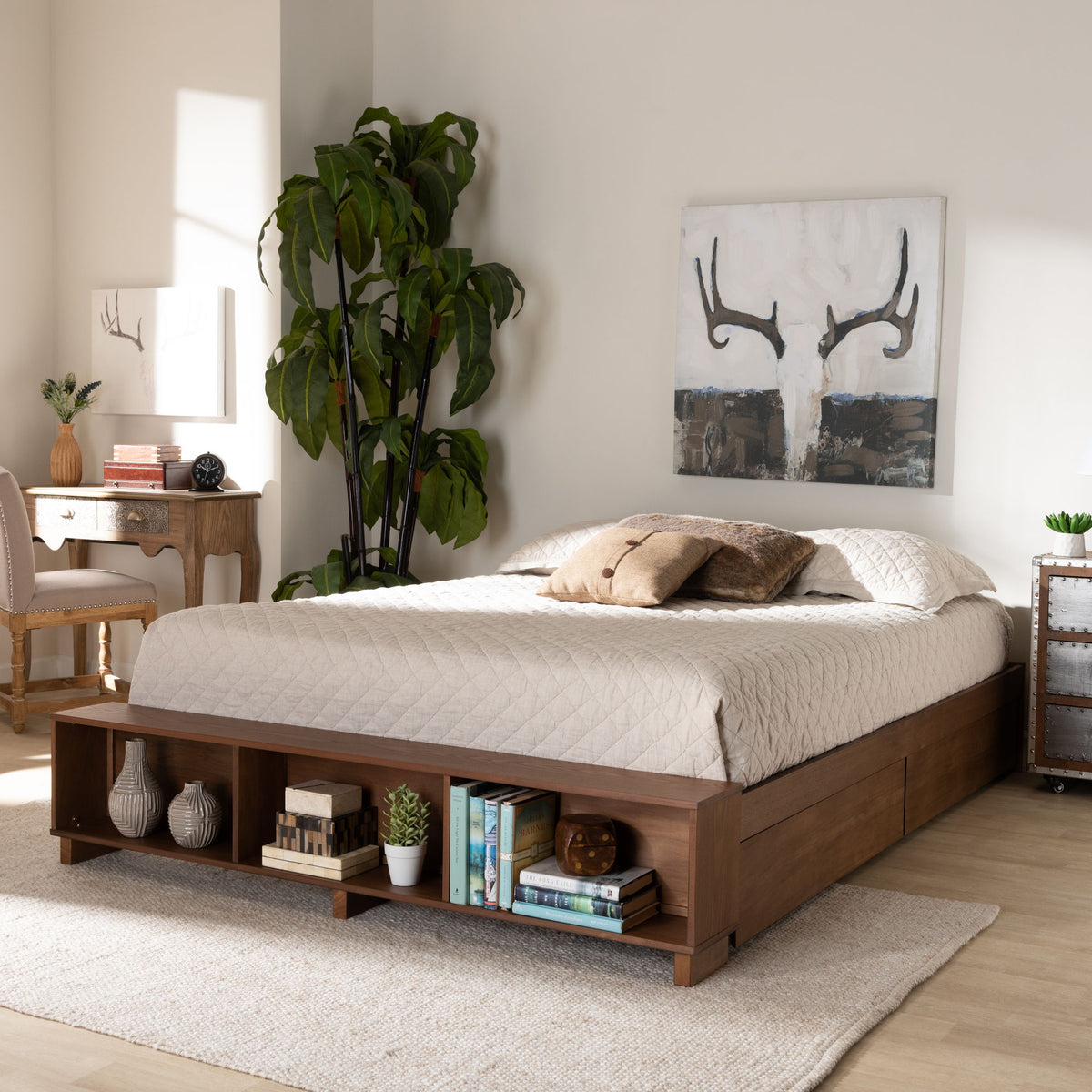 Arthur Modern Rustic Ash Walnut Brown Finished Wood King Size Platform Bed with Built-In Shelves