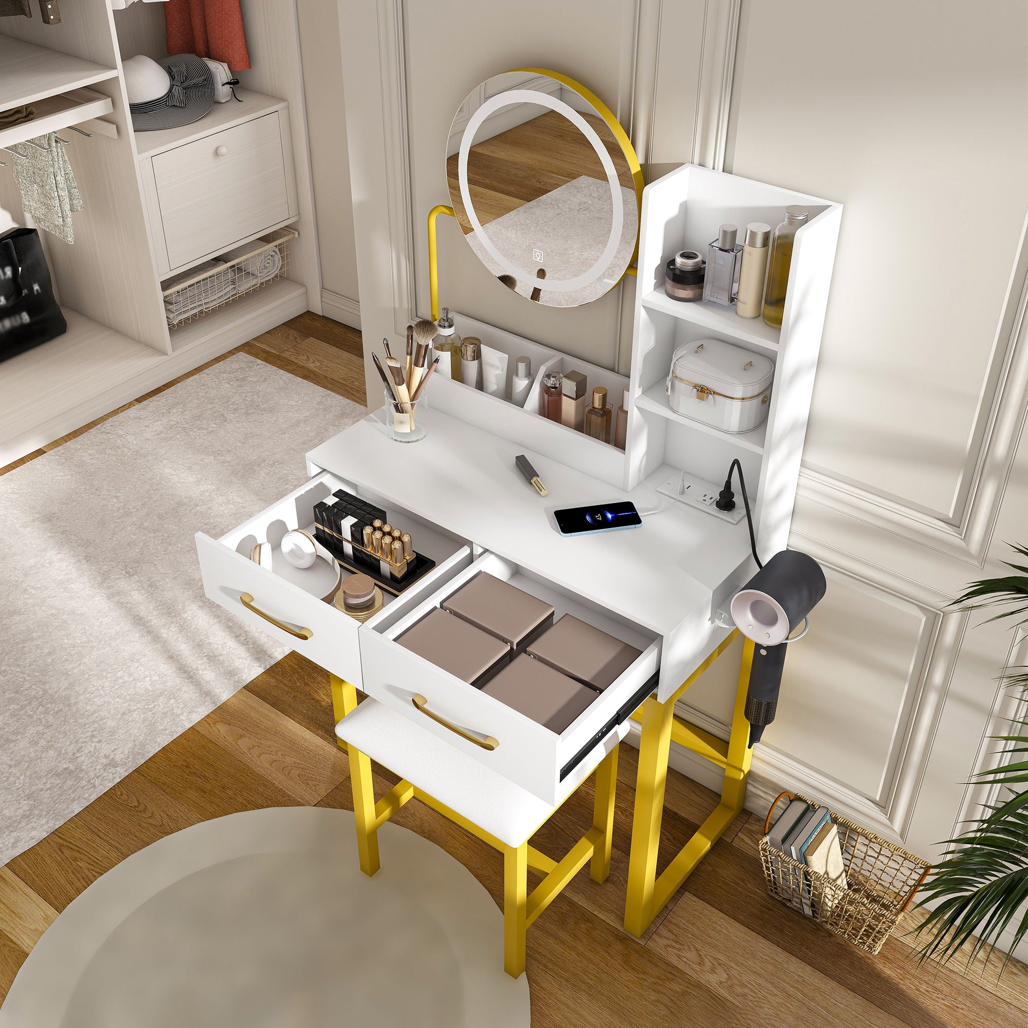 Makeup Vanity Table With LED Lights, 3 Color Options, Power Outlet