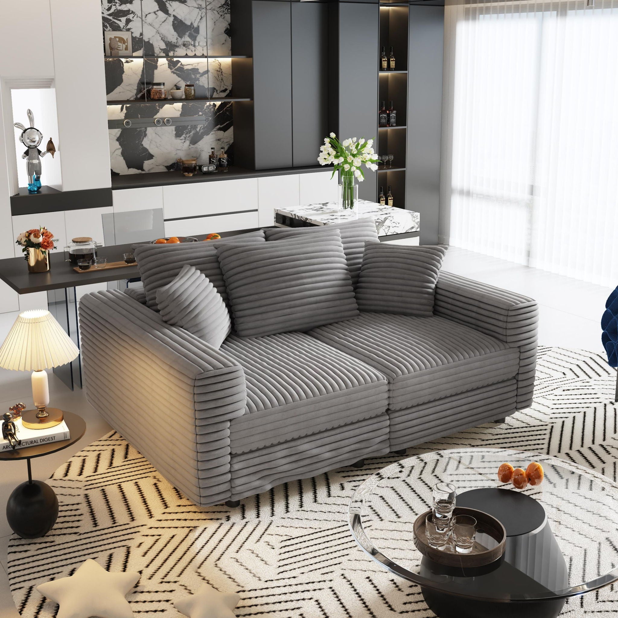 Plush Corduroy 4 Seat Sofa, Modern Comfy Upholstered Sofa Cloud Couch, Deep Seat Couches With Soft Pillows