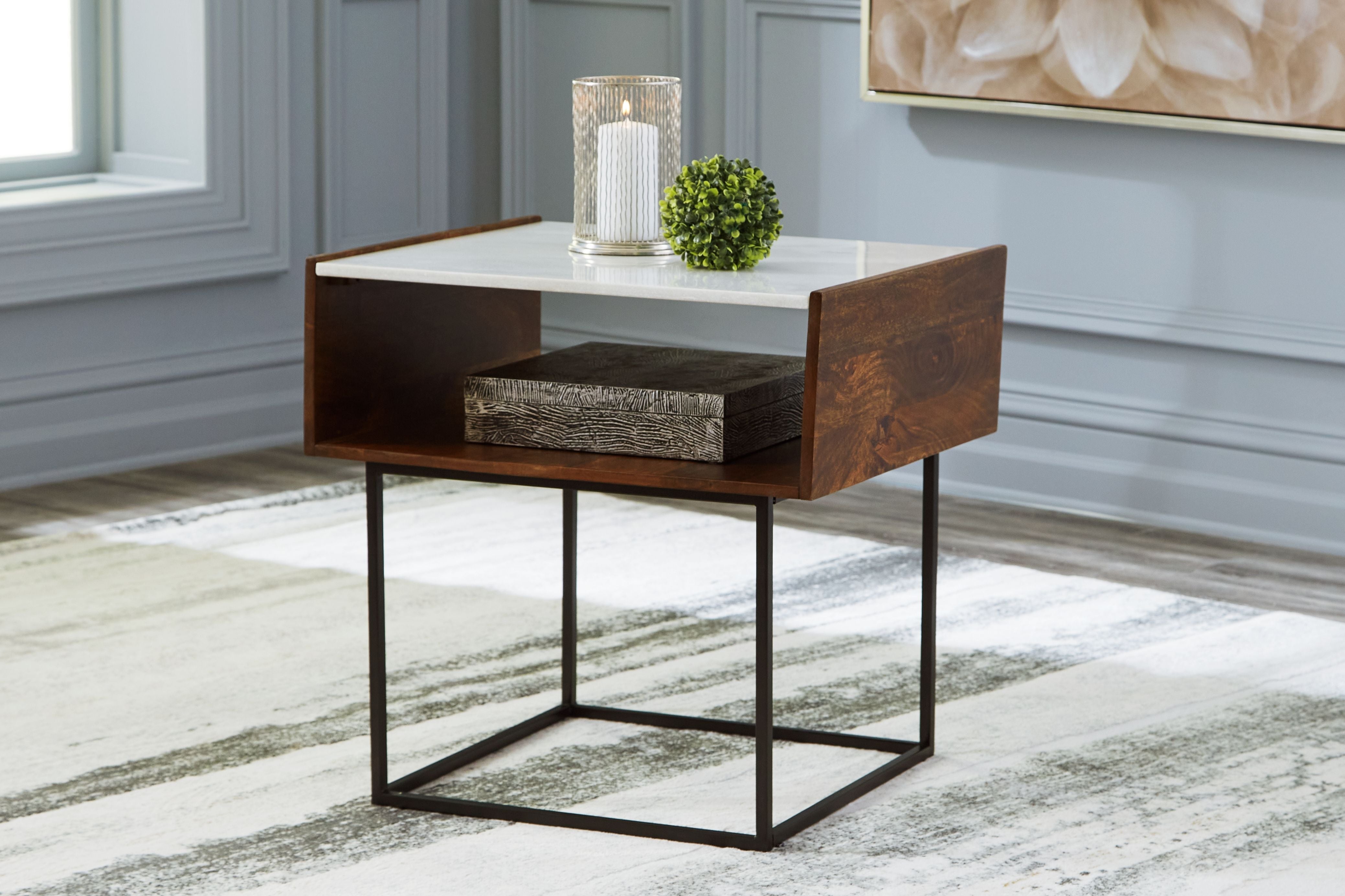 Ashley Furniture Rusitori - Brown / Beige / White - Rectangular End Table | Meri Furniture