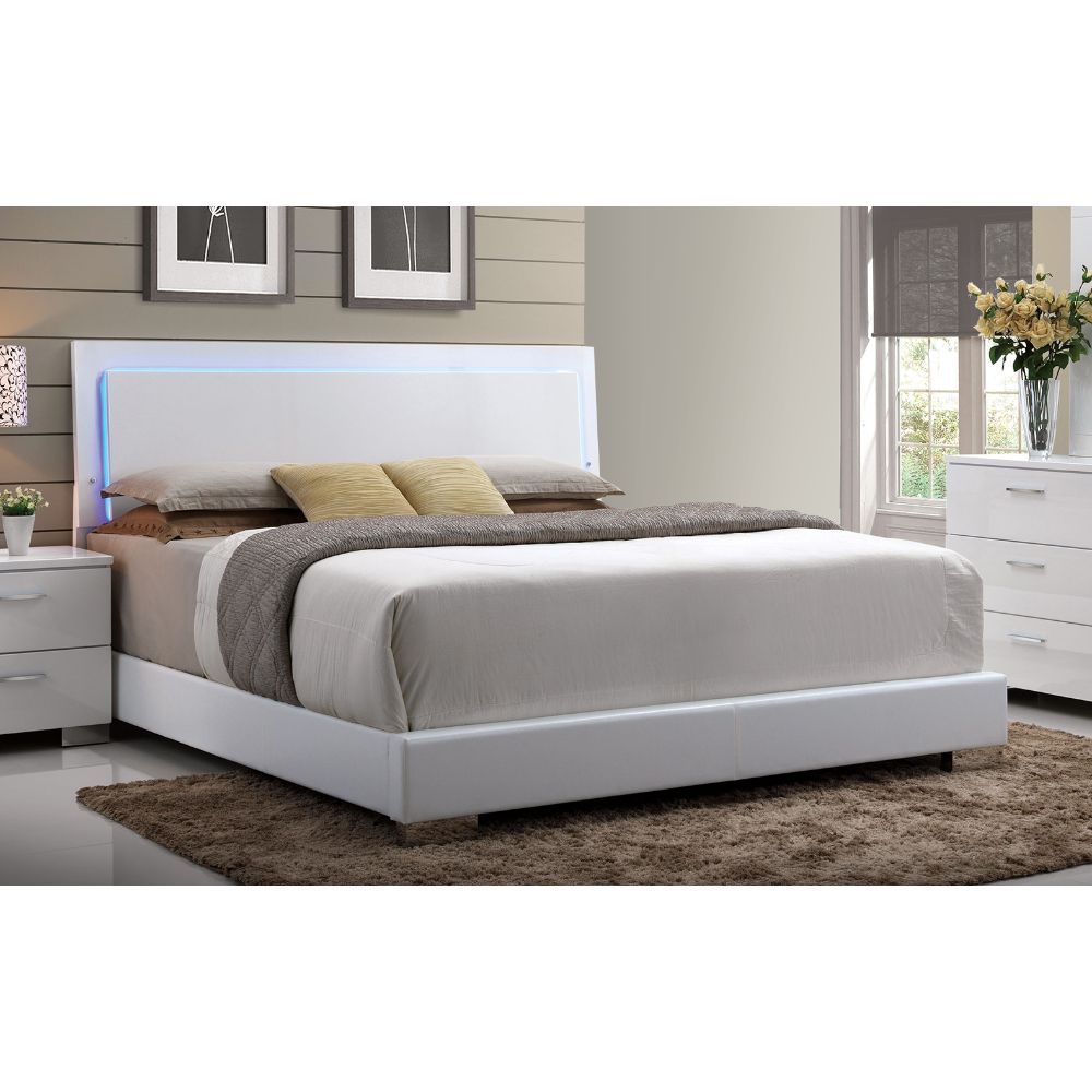 High gloss white finish wraps the Lorimar bedroom collection for a casual yet contemporary look to be added to your home. Featured PU footboard adds different look of this bed increasing variety to your sweet modern master room.