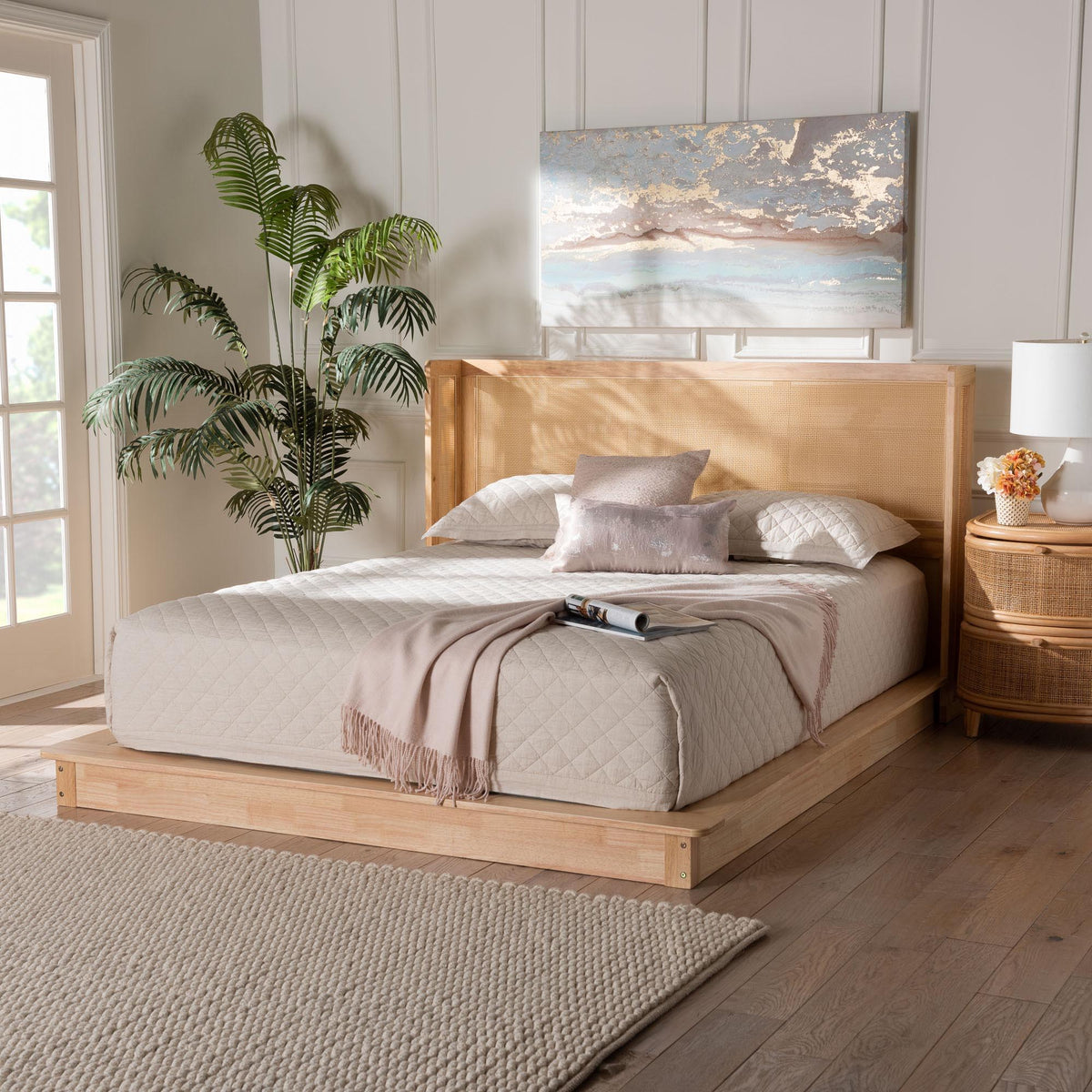 Glennis Japandi Natural Brown Wood Queen Size Platform Bed with Woven Rattan