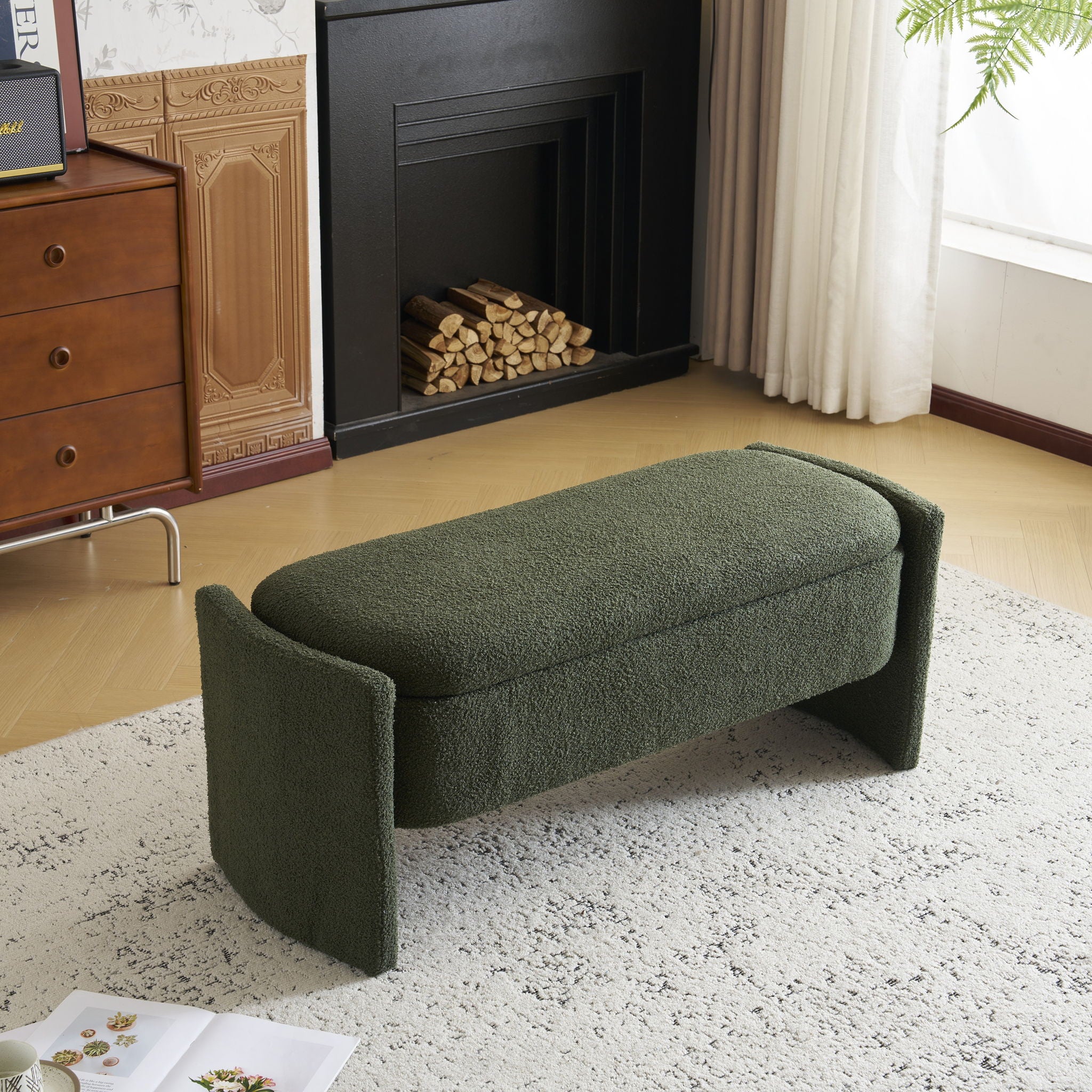 Elegant Long Shaped Storage Ottoman Bench, Boucle Material, Simple And Grand Design - Dark Green