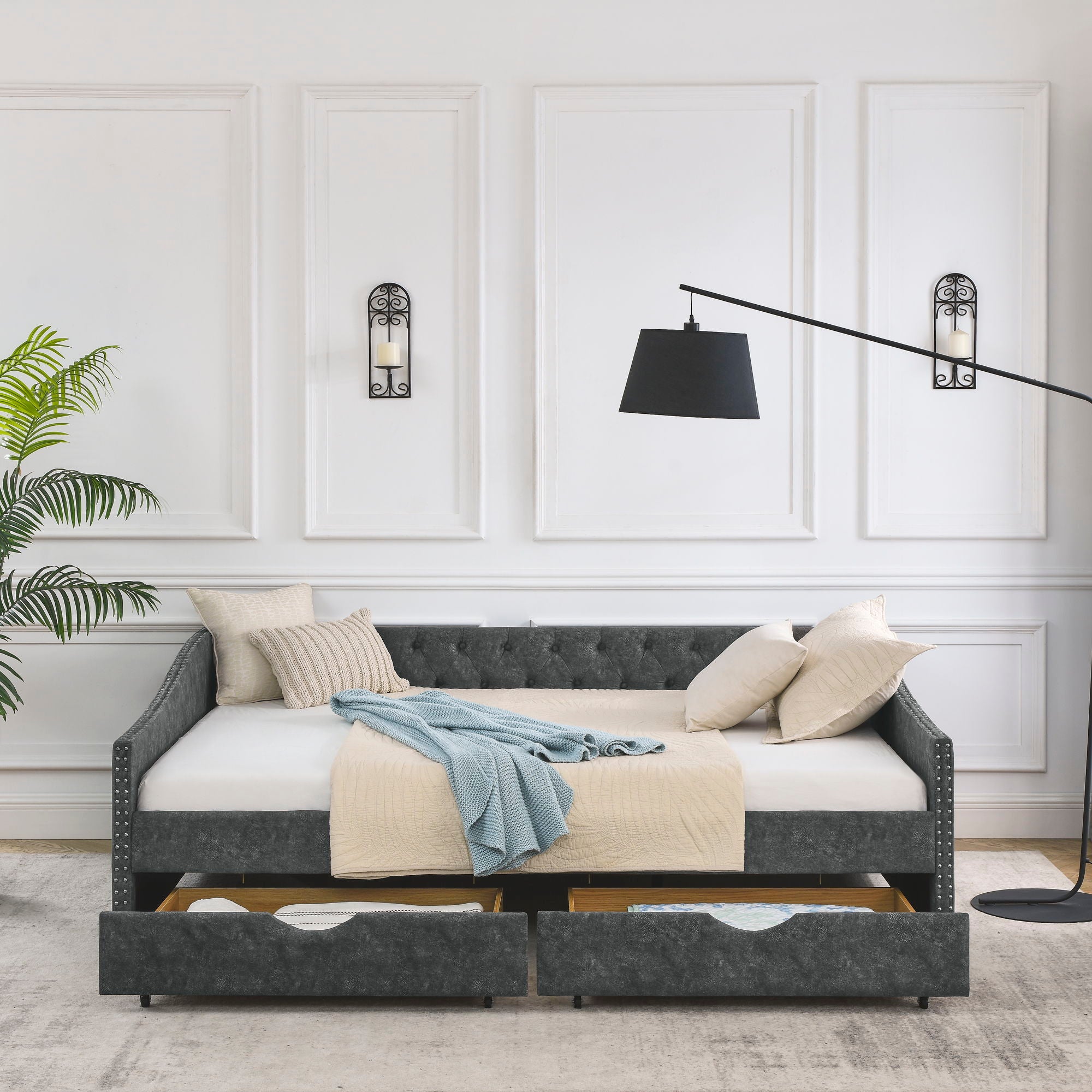 Upholstered Tufted Daybed With Drawers, Waved Arms