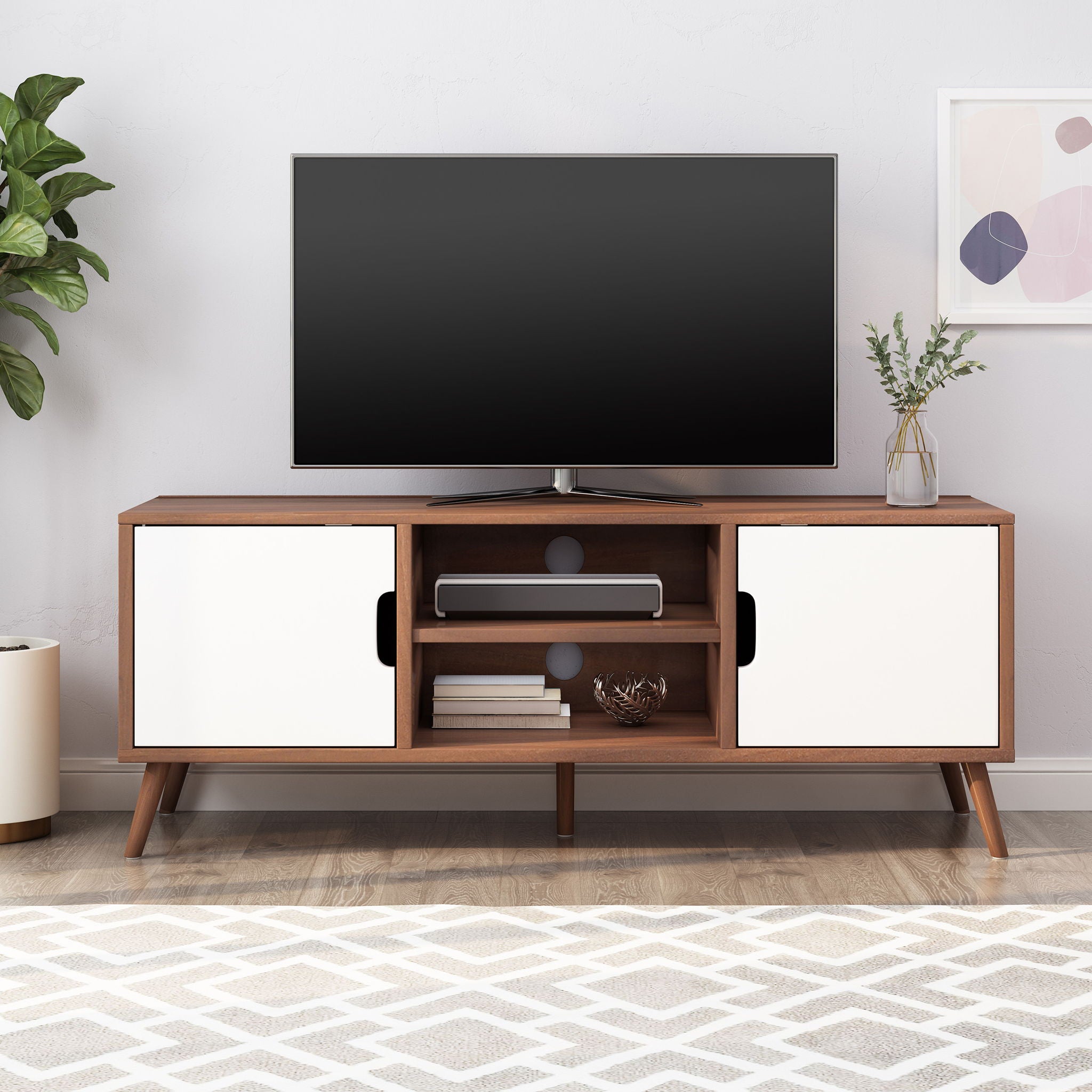 TV Stand With Shelves And Splayed Legs - White / Walnut