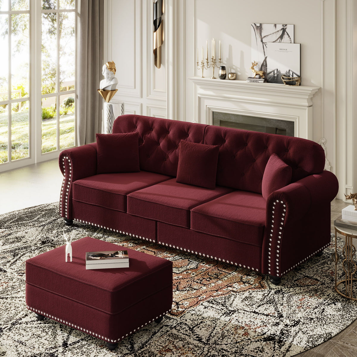 Upholstered Sofa Set With Nailhead Trim And Rolled Armrests, Includes Pillows