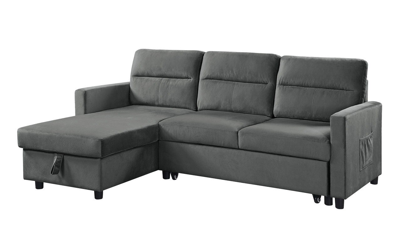Ivy 81.5"W Dark Gray Velvet Reversible Sleeper Sectional Sofa with Storage Chaise and Side Pocket