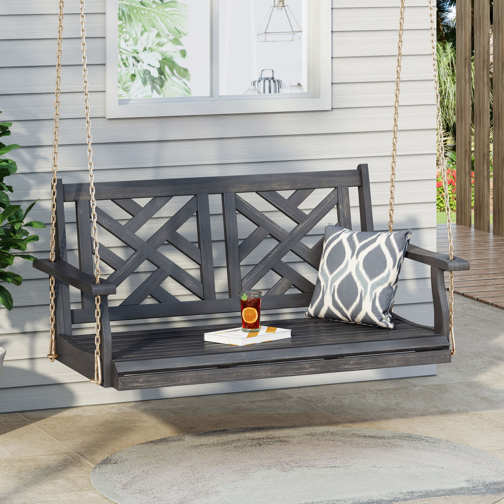 Alejandro - Acacia Wood Porch Swing With Slat Panel Seating