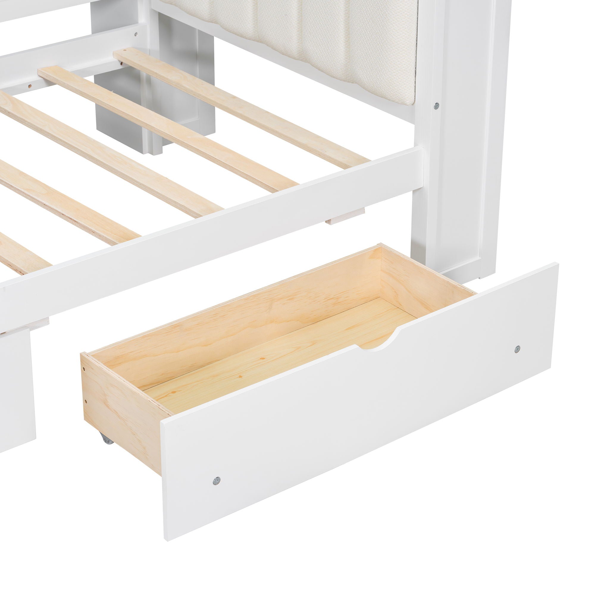 Platform Bed With Upholstered Headboard, Storage Shelves, Drawers, Charging Station, LED Lighting, Built In Desk