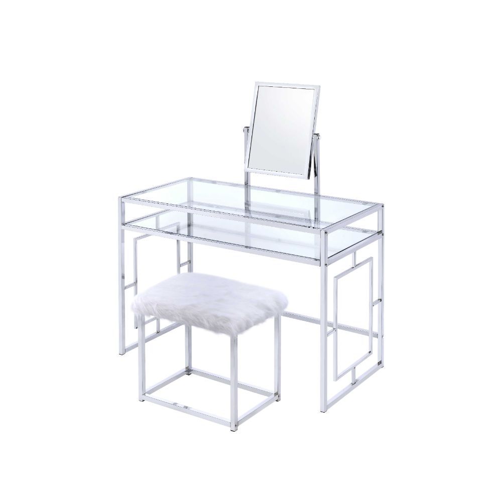 ACME Carenze II - Vanity Desk - White Faux Fur & Chrome | Meri Furniture