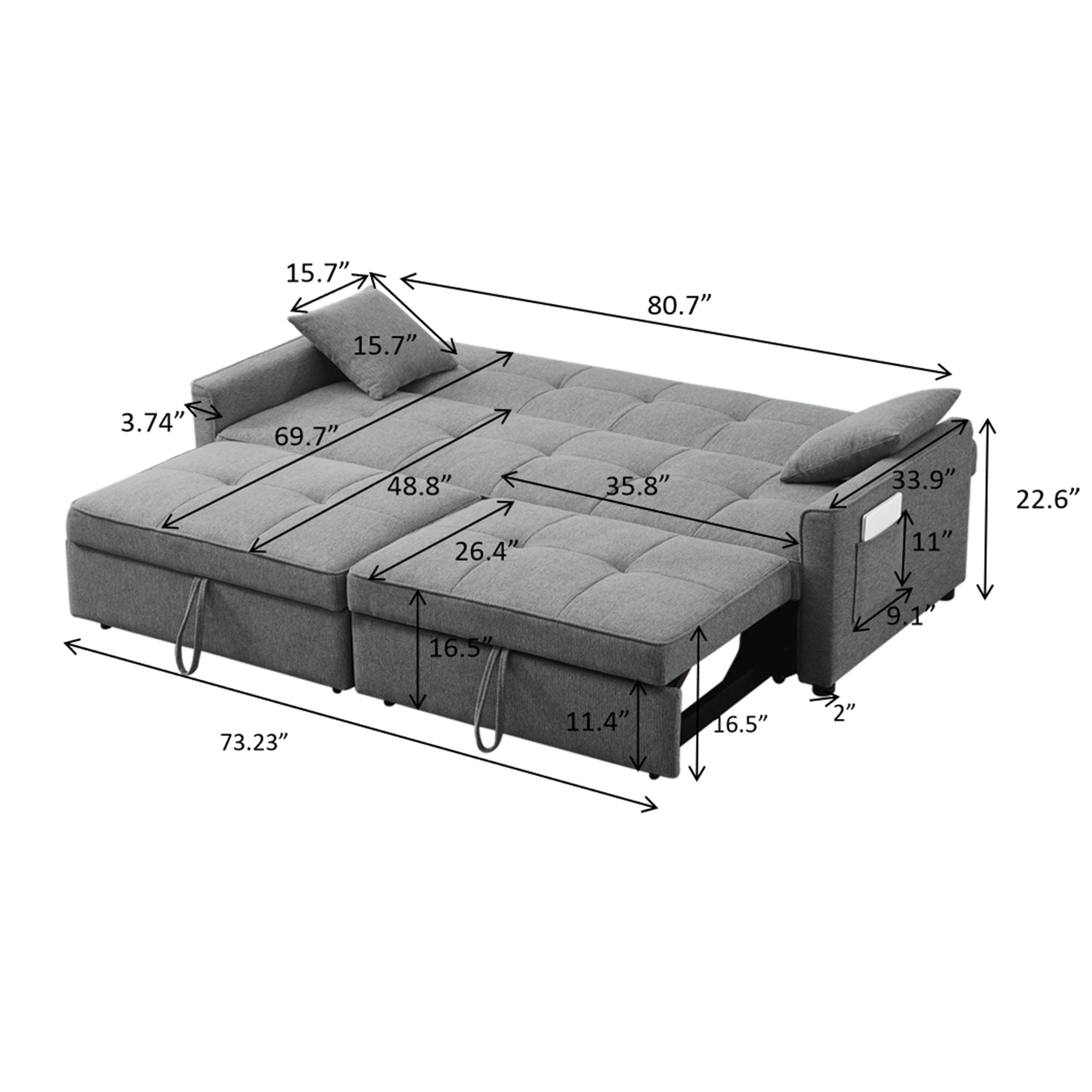 3 In 1 Convertible Sleeper Sofa Bed, Reclining Backrest, Pillows, Pockets