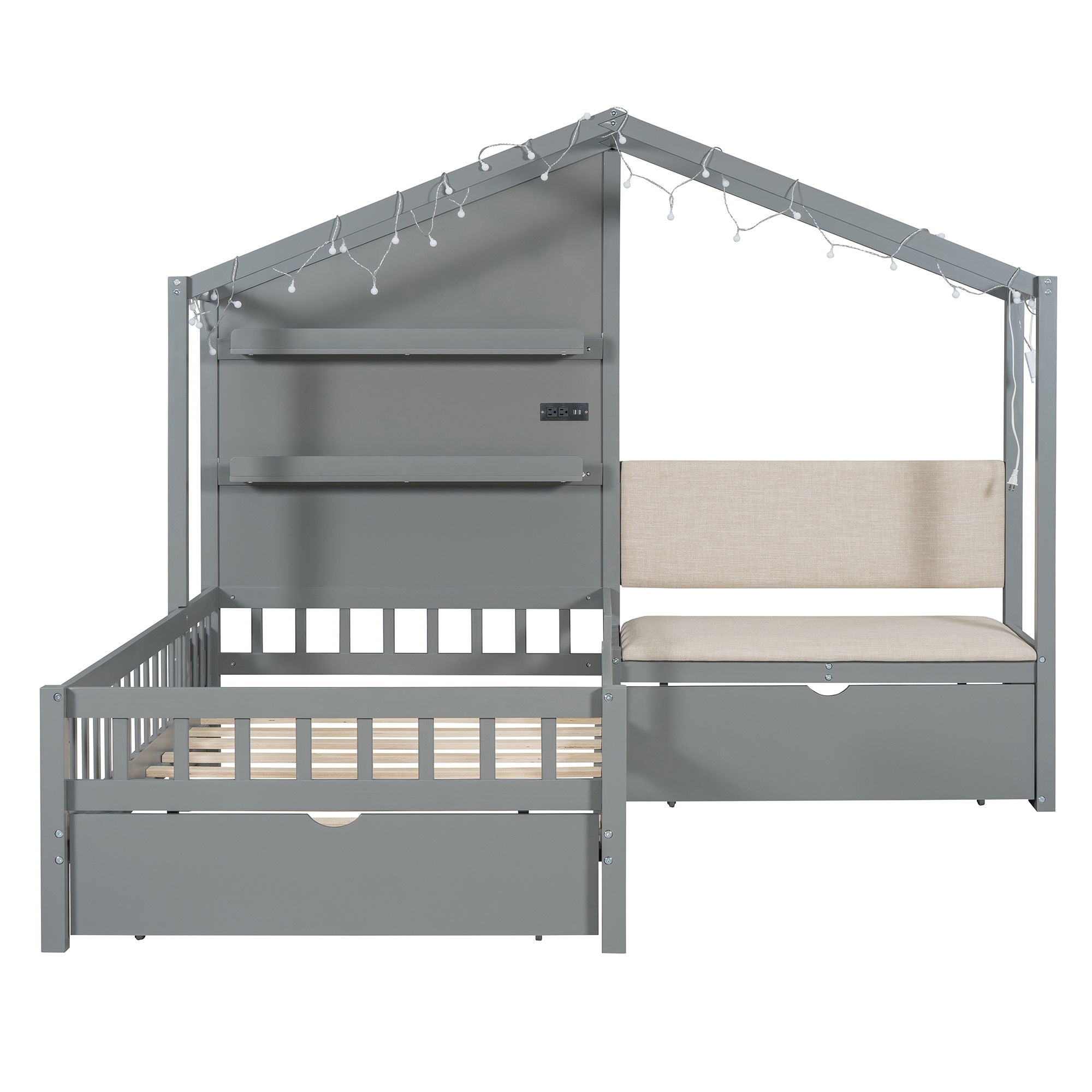 House Bed With Upholstered Sofa, Wireless Charging Station, Shelves And 2 Drawers