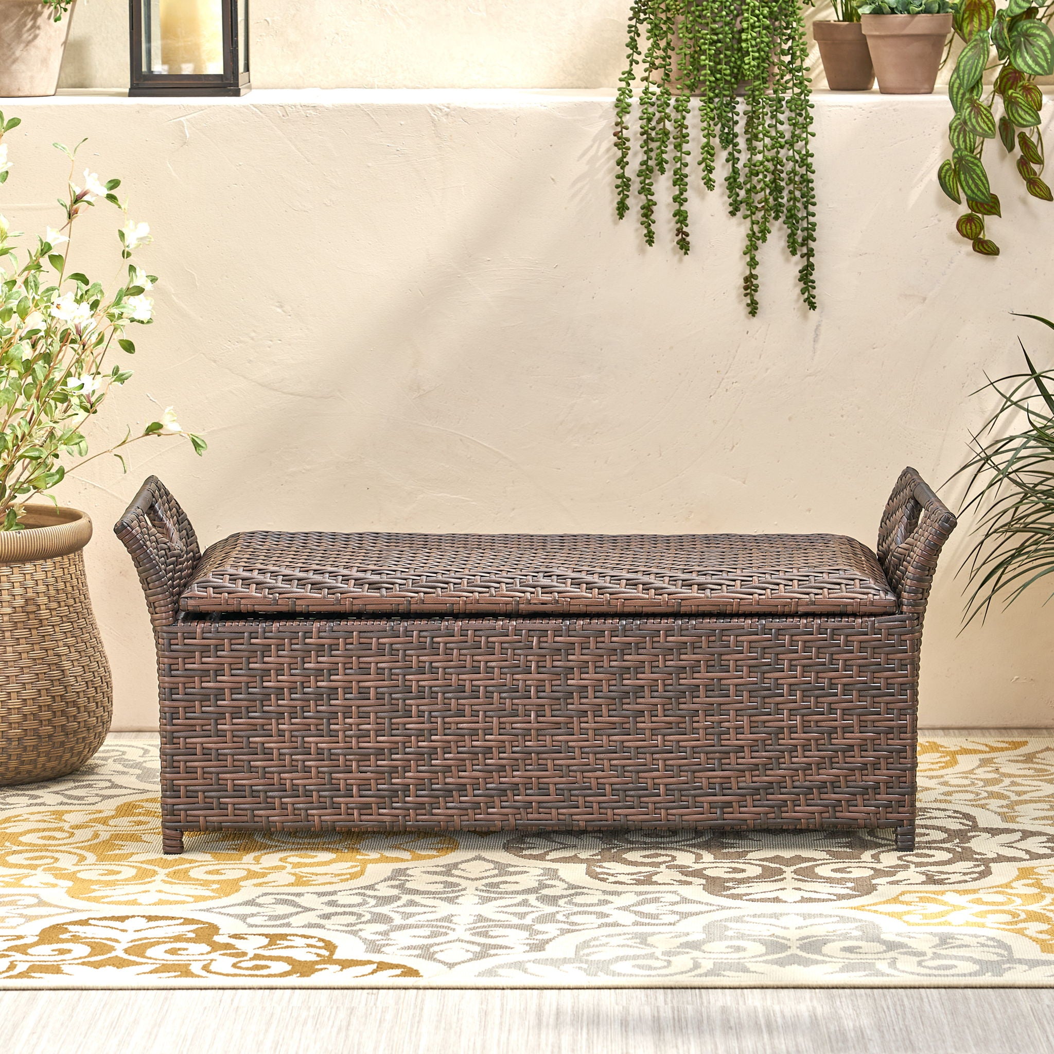 Outdoor Rattan Bench With Flair Arm And Storage - Brown