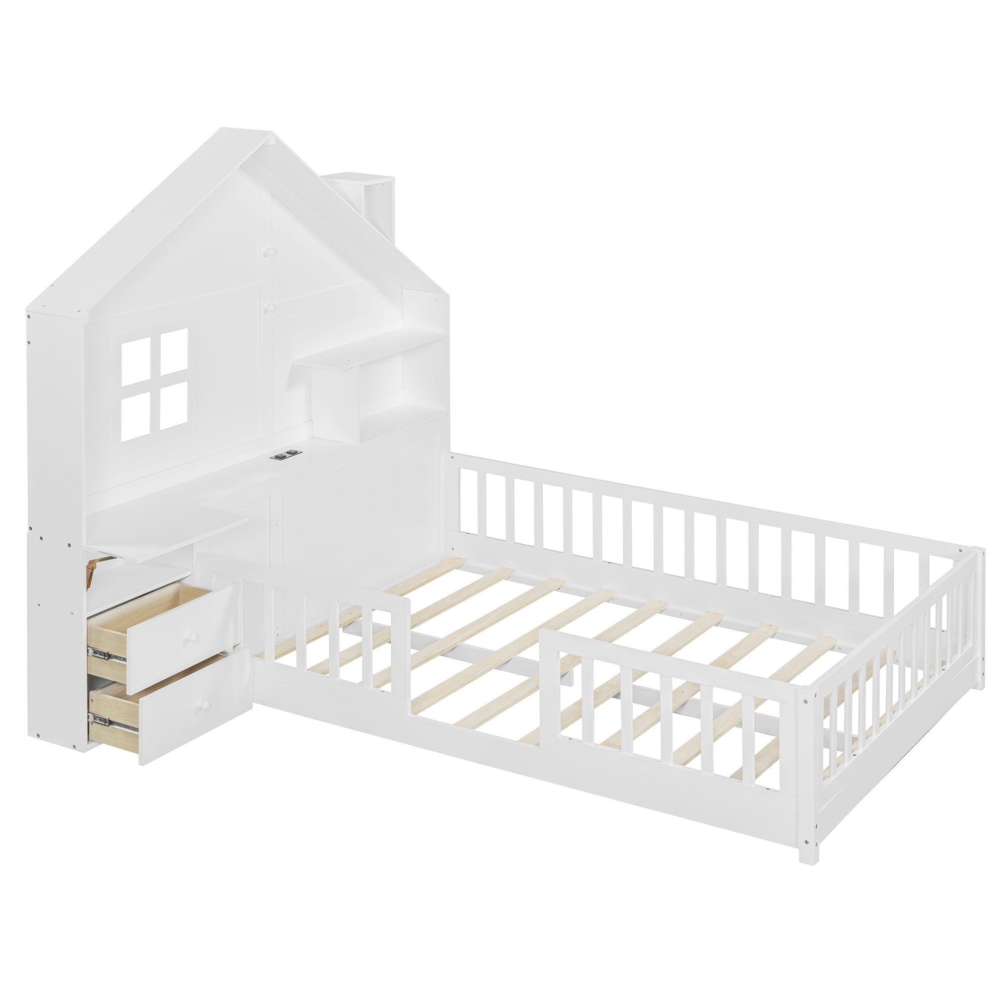 Full Size House Bed With Window And Bedside Drawers, Platform Bed With Shelves And A Set Of Sockets And USB Port - White