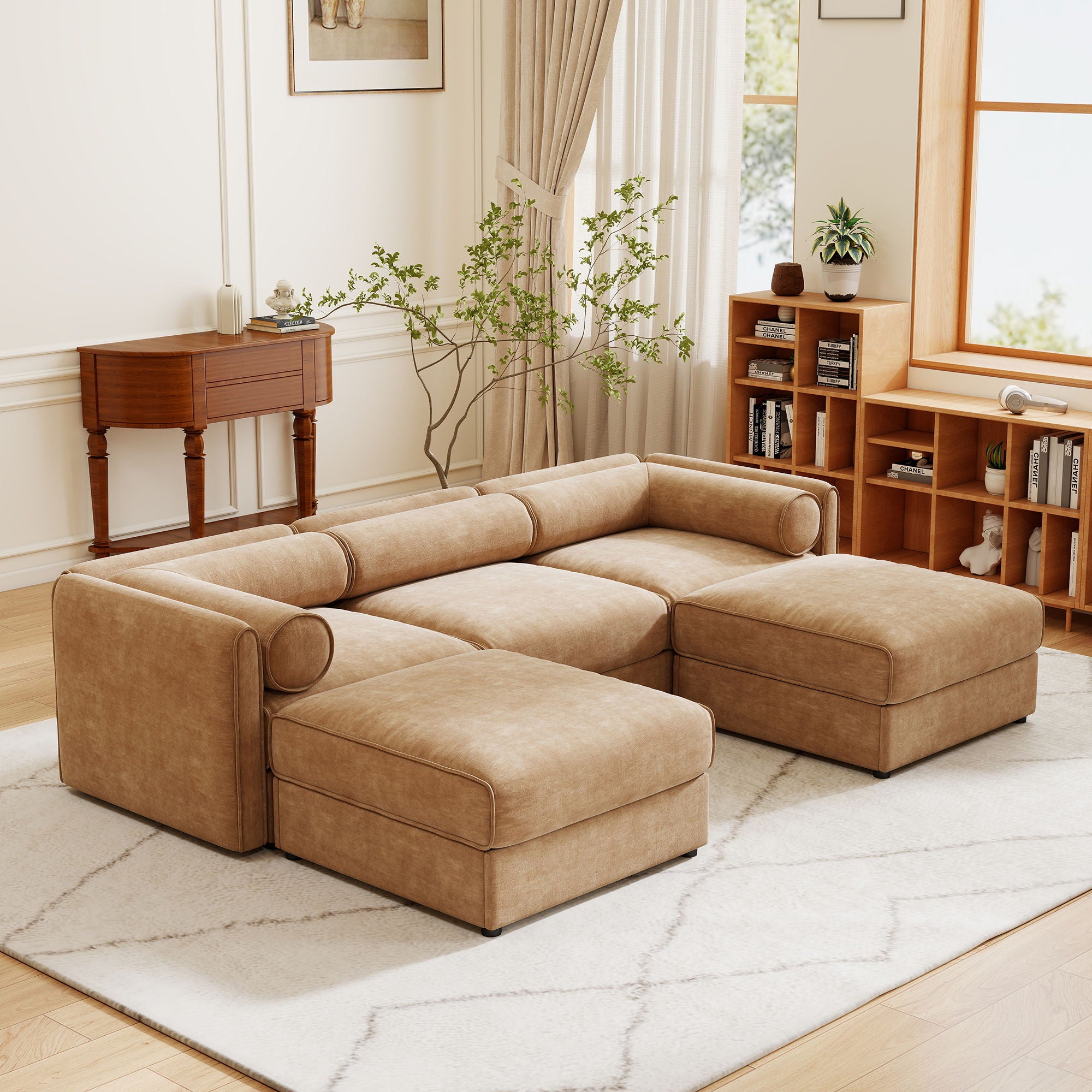 Contemporary Elegant White Chenille Sofa With Storage And Ottoman